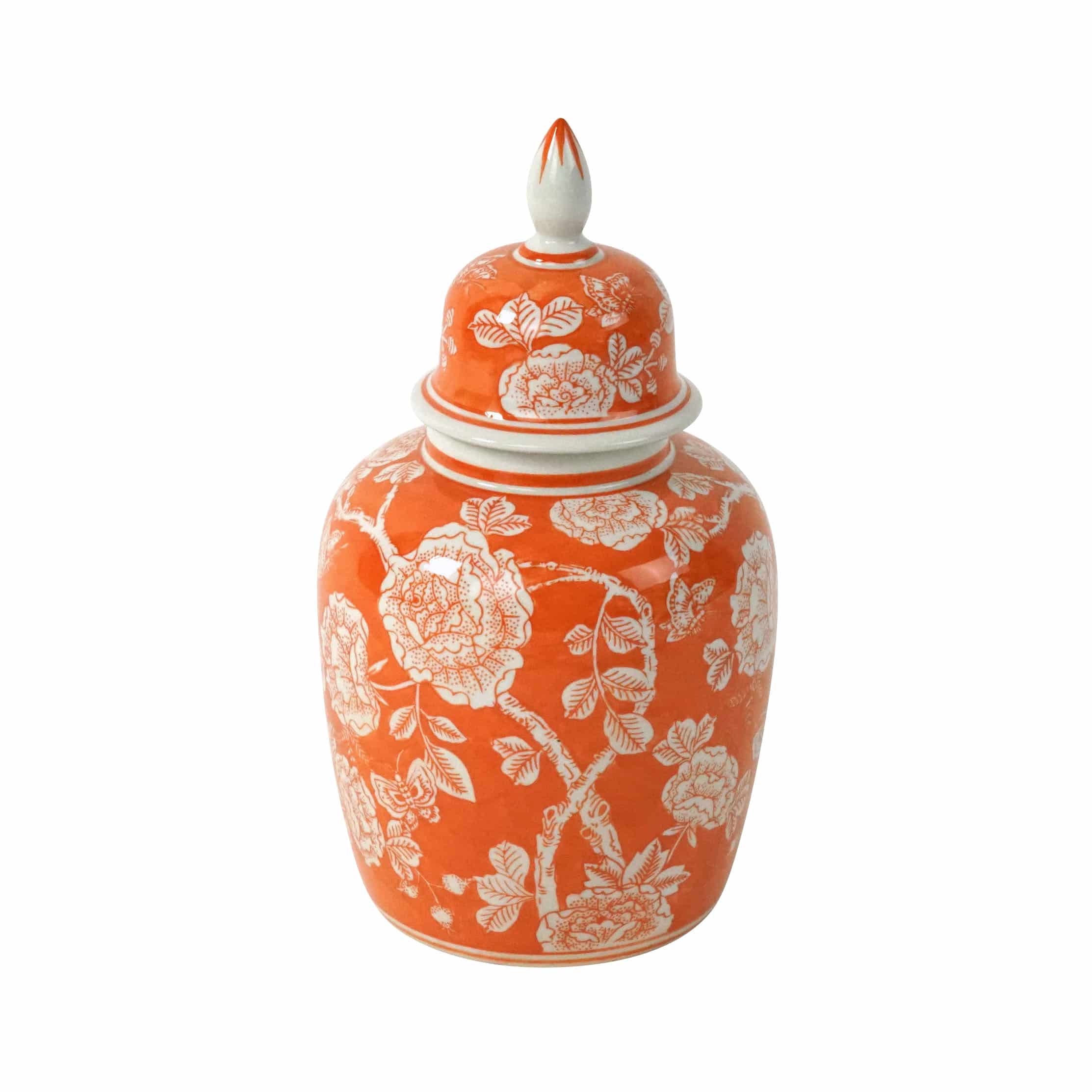 Deckelvase Jardin m. Blumenmotiv, orange-weiß, handbemalt