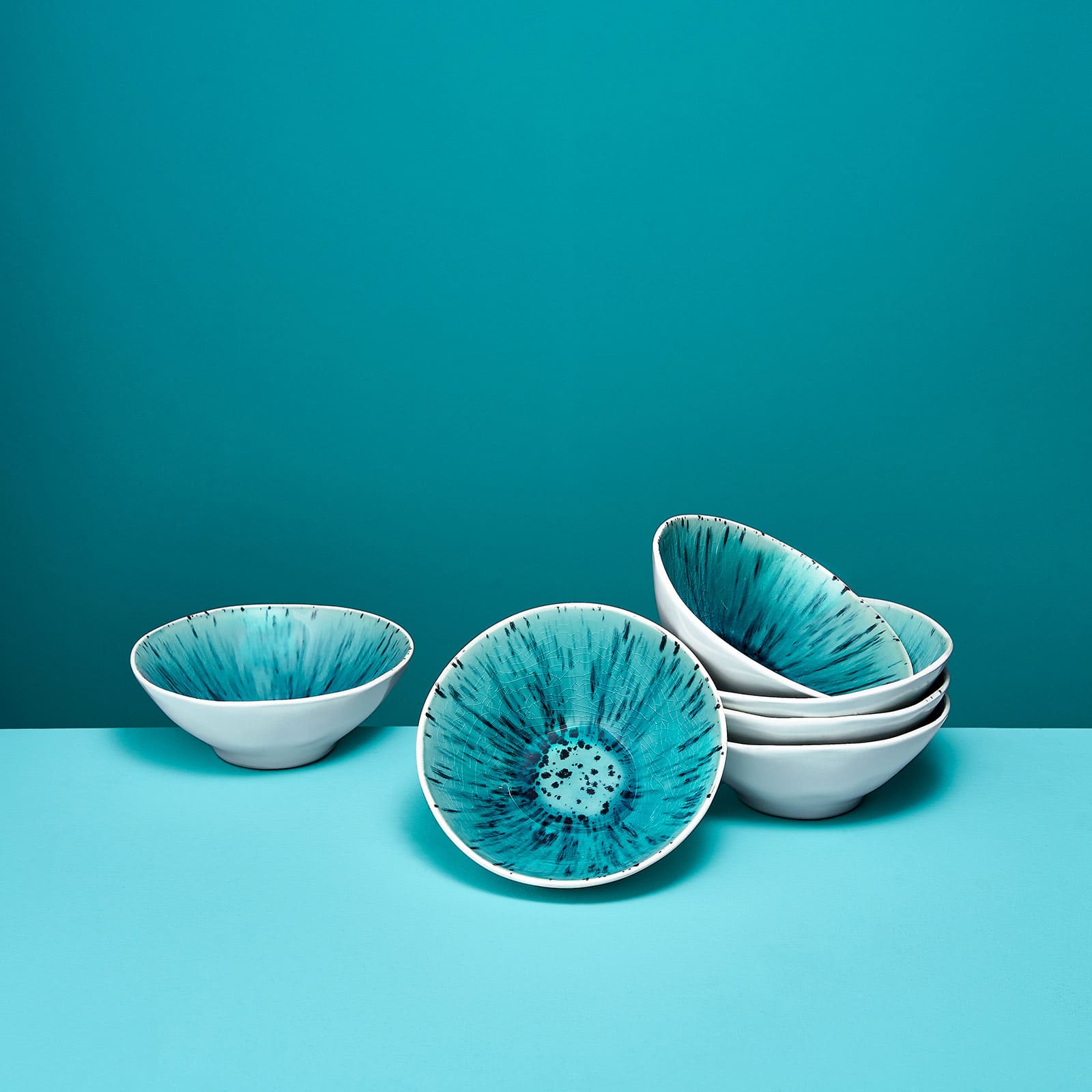 Set of 6 bowls Aquamarin, white/turquoise, stoneware, 15x5.5 cm