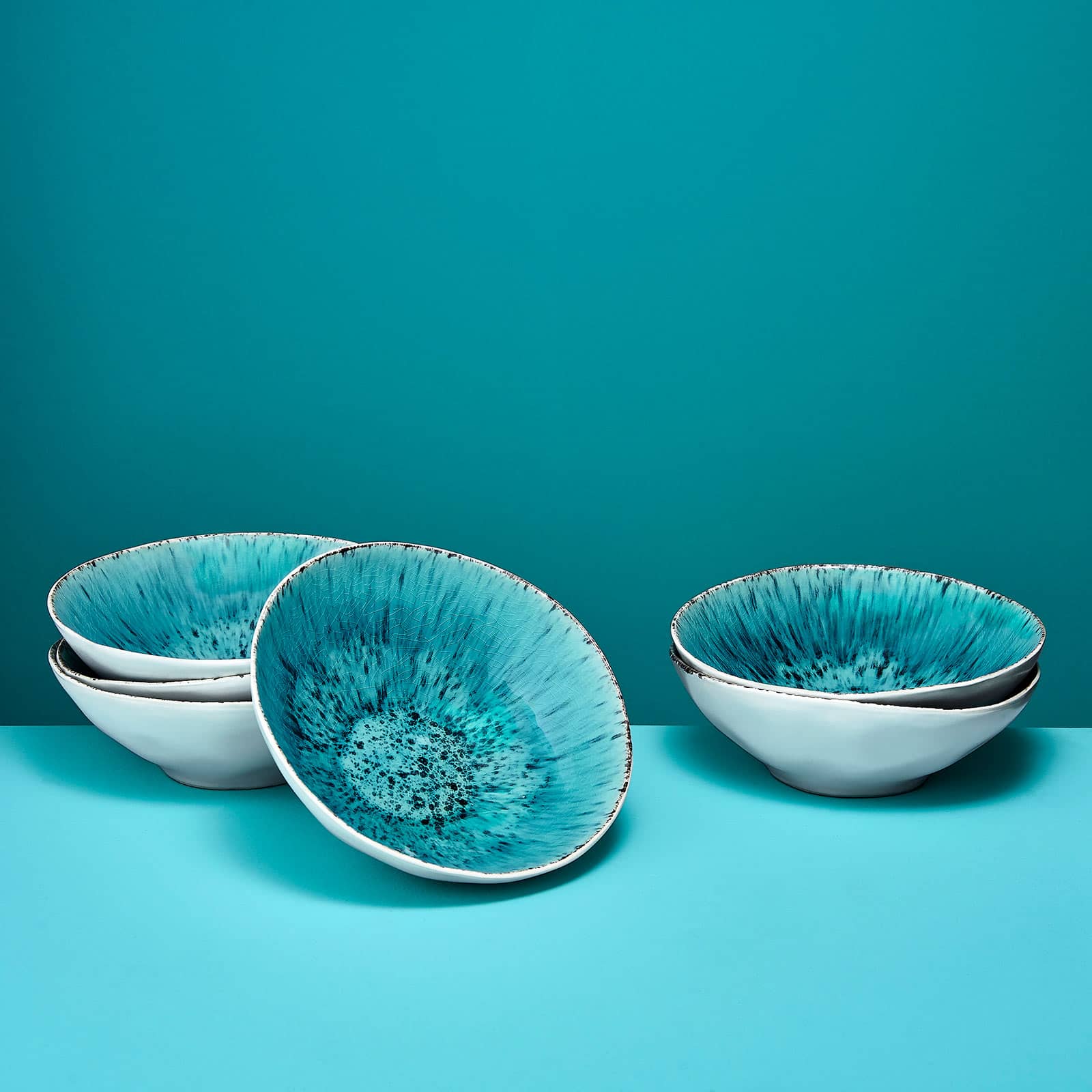 Set of 6 soup plates Aquamarin, white/turquoise, stoneware, 19.5x6.5 cm