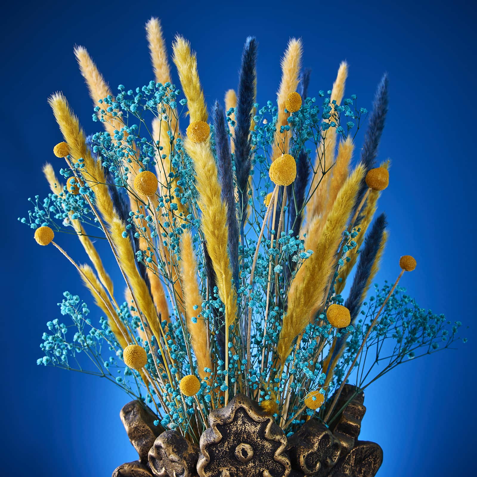 DIY Blumen-Bouquet Sao Paulo, blau-gelb, Bund aus versch. Trockenpflanzen, inkl. 2 Steckschwämme