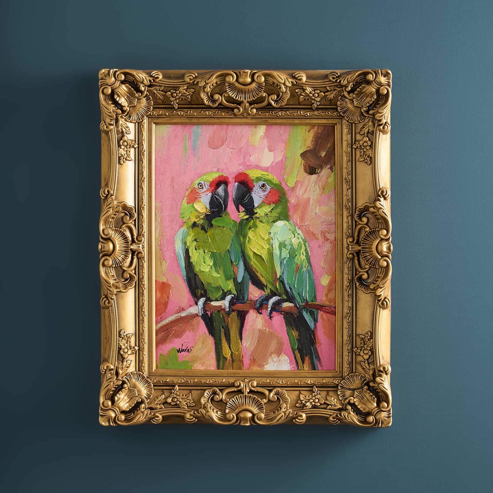 Gemälde Parrots m. Papageienmotiv, mehrfarbig, m. goldenem Rahmen