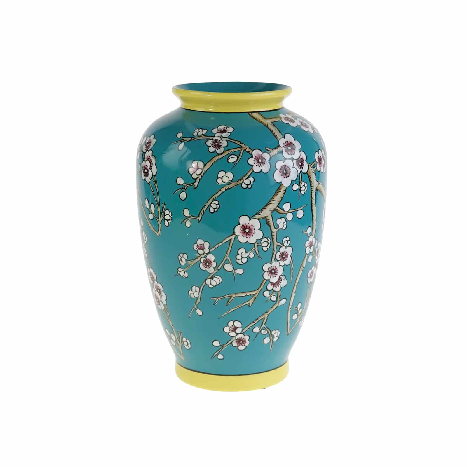 Vase Kirschblüte Sakura, Blumenmotiv, blau-gelb, handbemalt, glasiert, Porzellan, 19x30,5 cm