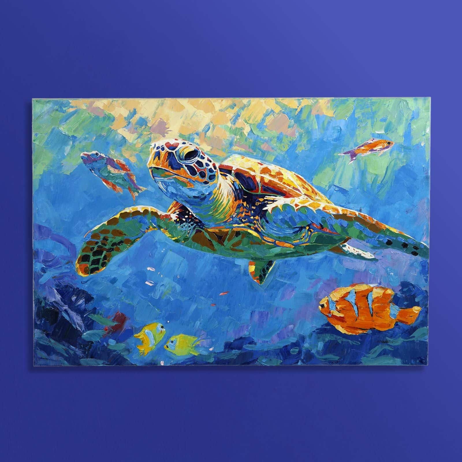 Gemälde Turtle m. Wasserschildkröte, handgemalt, blau-orange 