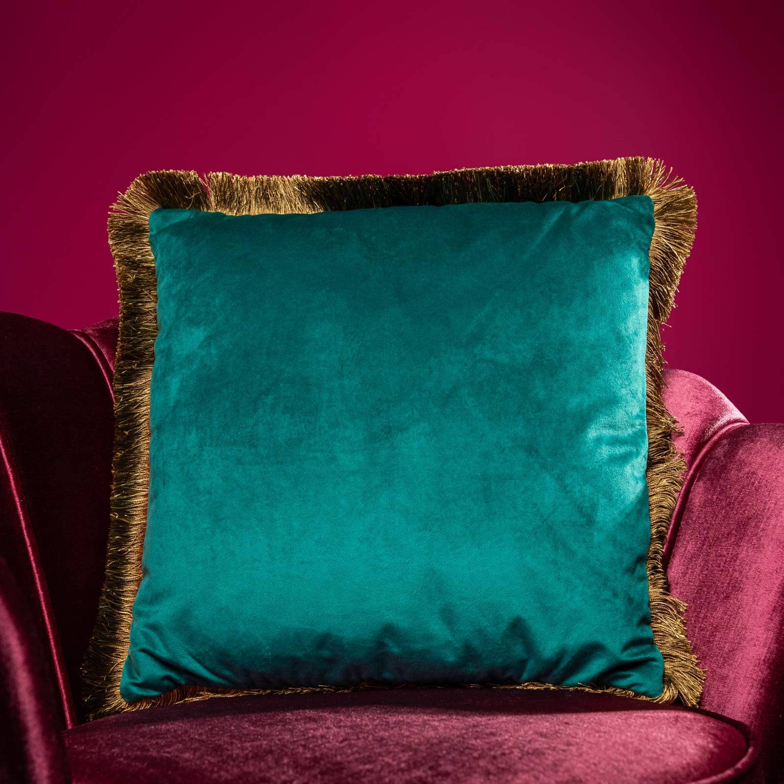 Fluwelen kussen Velvet Cushion met franjes, turquoise, polyester, 45x45 cm inclusief vulling (350 g polyester)