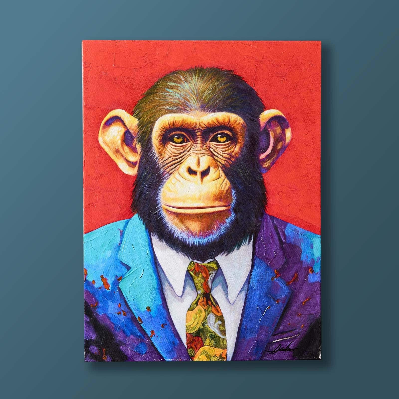 Gemälde Business Monkey m. Affenmotiv,  handgemalt, blau-mehrfarbig-rot