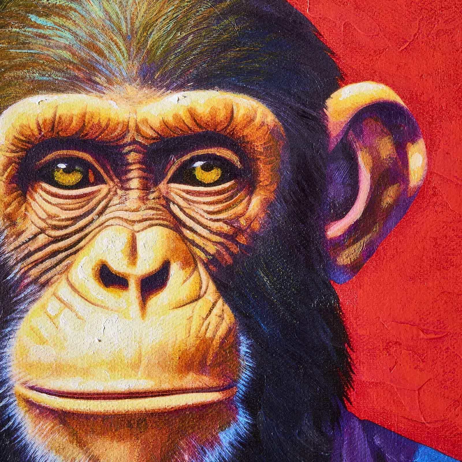 Gemälde Business Monkey m. Affenmotiv,  handgemalt, blau-mehrfarbig-rot