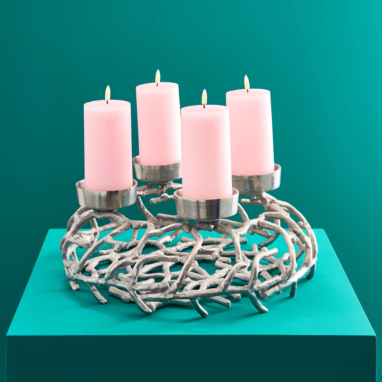 Advent candle holder / Advent wreath with 4 candle holders, silver, aluminum, nickel-plated, 39x15 cm