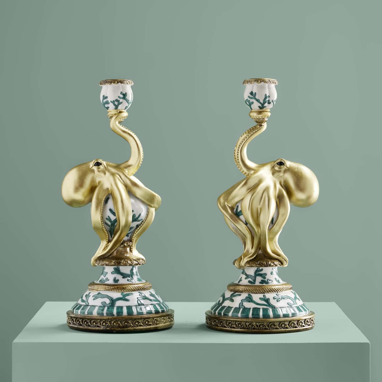 Set of 2 Otto Octopus candle holders, turquoise-white-gold