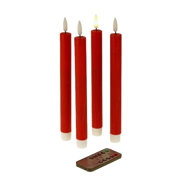 Lot de 4 bougies bâtons LED, rouge, cire véritable/plastique/LED, H. 24,5  cm avec télécommande (pile CR2025 incluse), 4 fonctions minuterie,  variable, 2 modes d'éclairage, fonctionne sur piles : 2xAAA (non incluses)