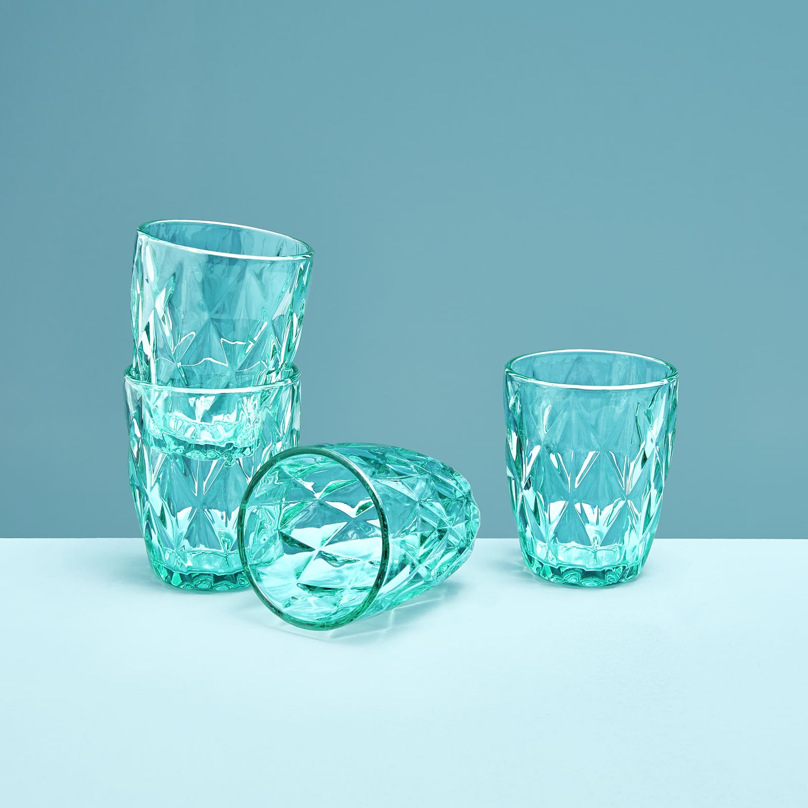 Set of 4 drinking glass, turquoise, glass, 8x10 cm