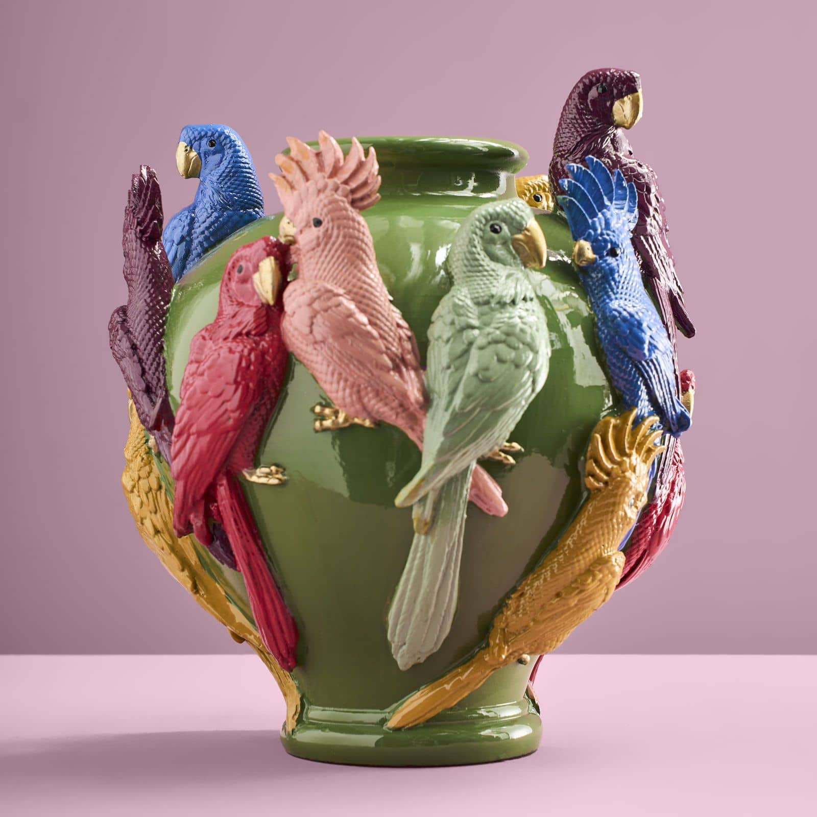 Vase m. Papageien, grün, mehrfarbig