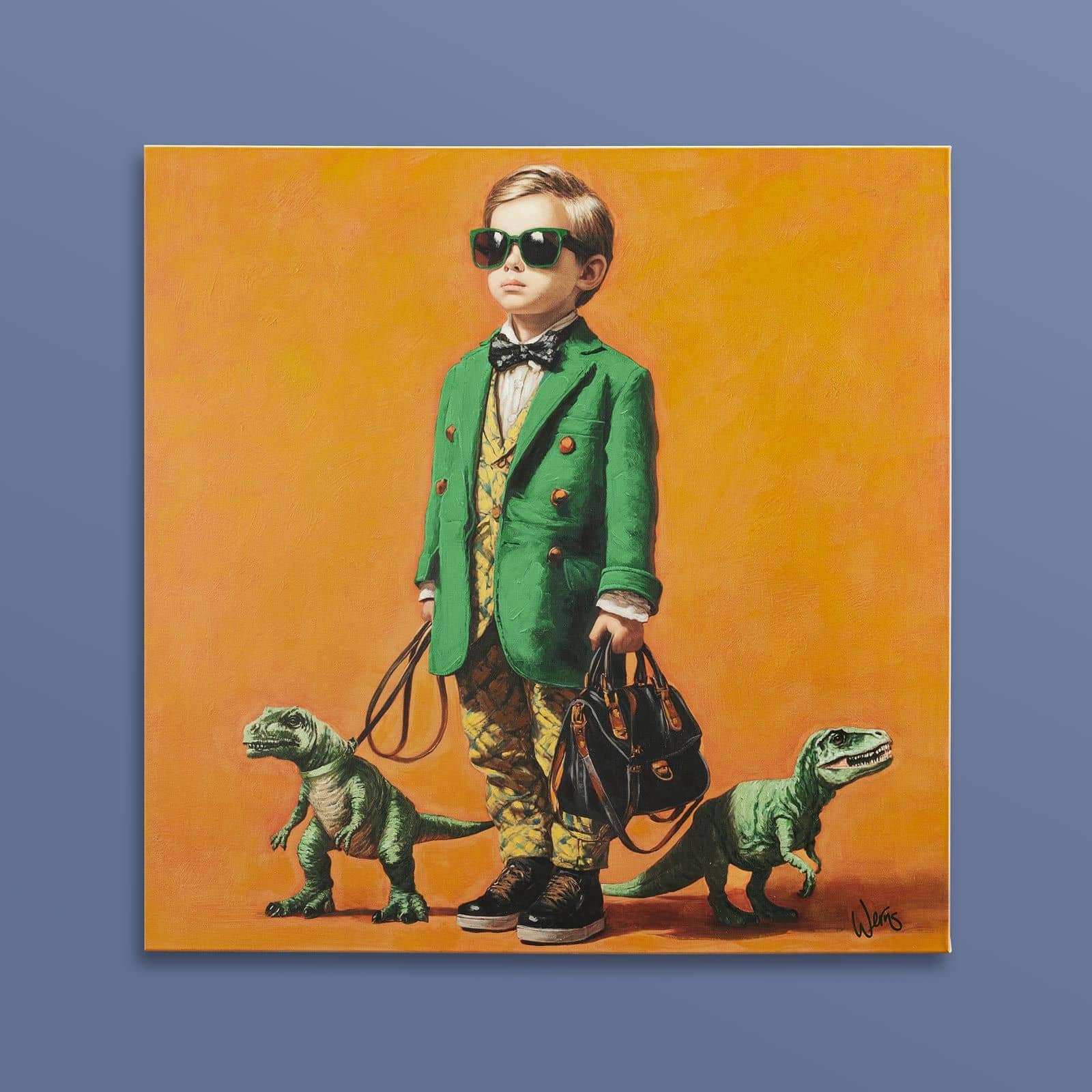 Gemälde Matteo mit Dinosauriern Rexys, handgemalt