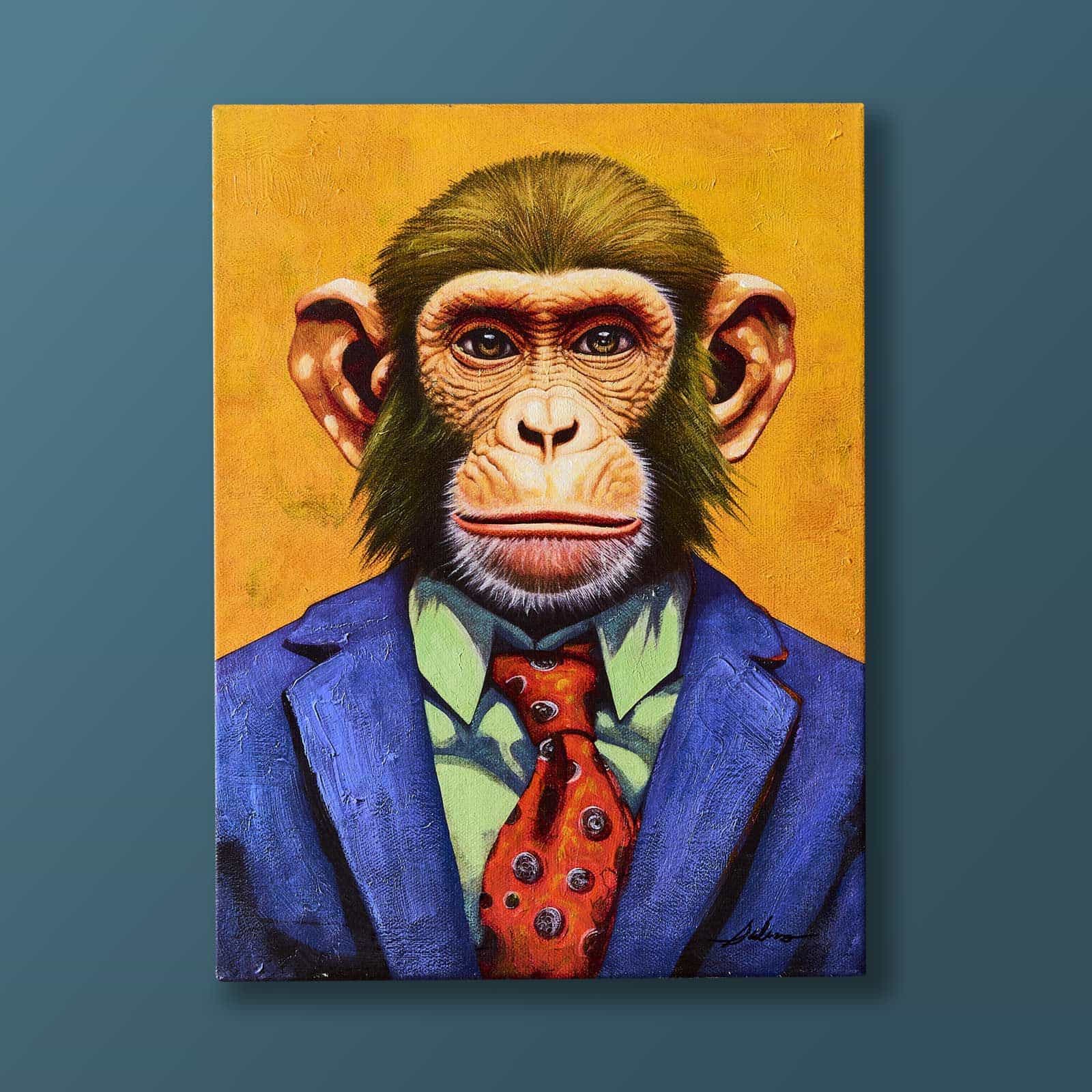 Gemälde Business Monkey m. Affenmotiv,  handgemalt, blau-mehrfarbig-orange