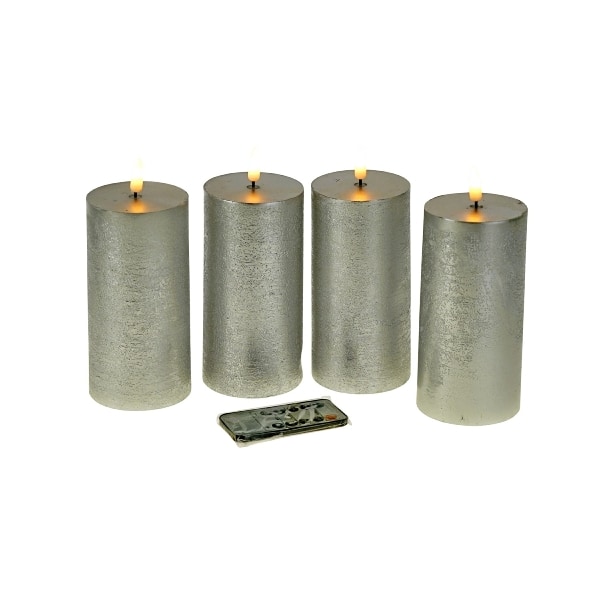 Set of 4 LED candle, real wax, 3D flame, silver, wax/plastic, 7.5x15cm