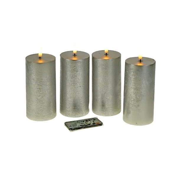 Set van 4 LED kaars 3D Flame, zilver, kunststof/wax, 7,5x15 cm met afstandsbediening, 4 timerfuncties, dimfunctie, 2 lichtstanden, benodigde batterijen: 3xAAA (niet inbegrepen)