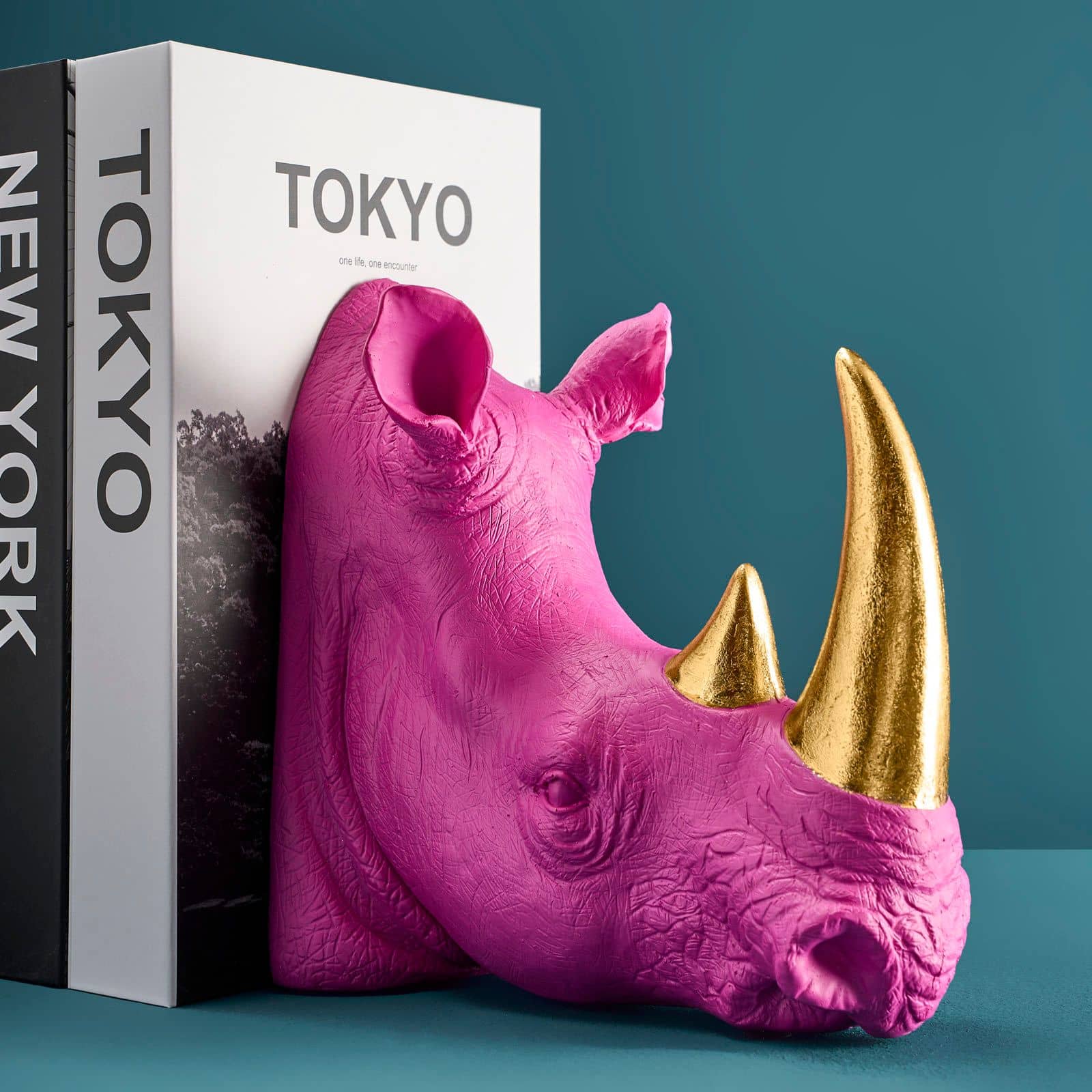 2er Set Buchstütze Nashorn, magenta-gold