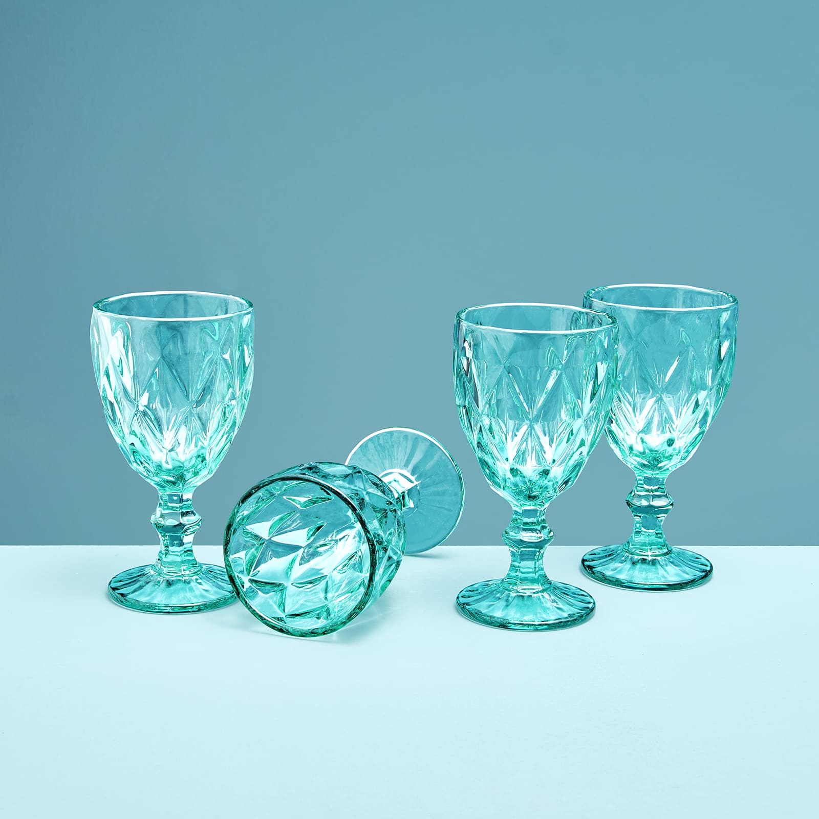 Set of 4 wine glass, turquoise, glass, 9 x 17 cm