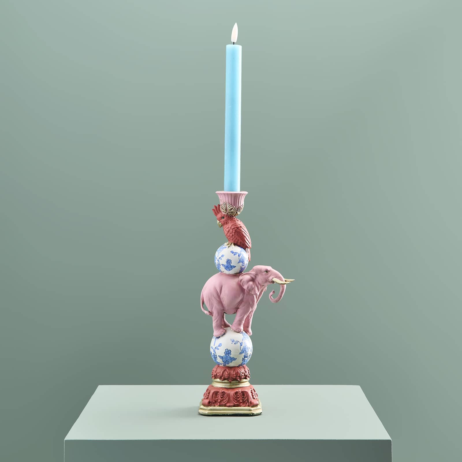 Candle holder parrot on elephant, pink-blue-white