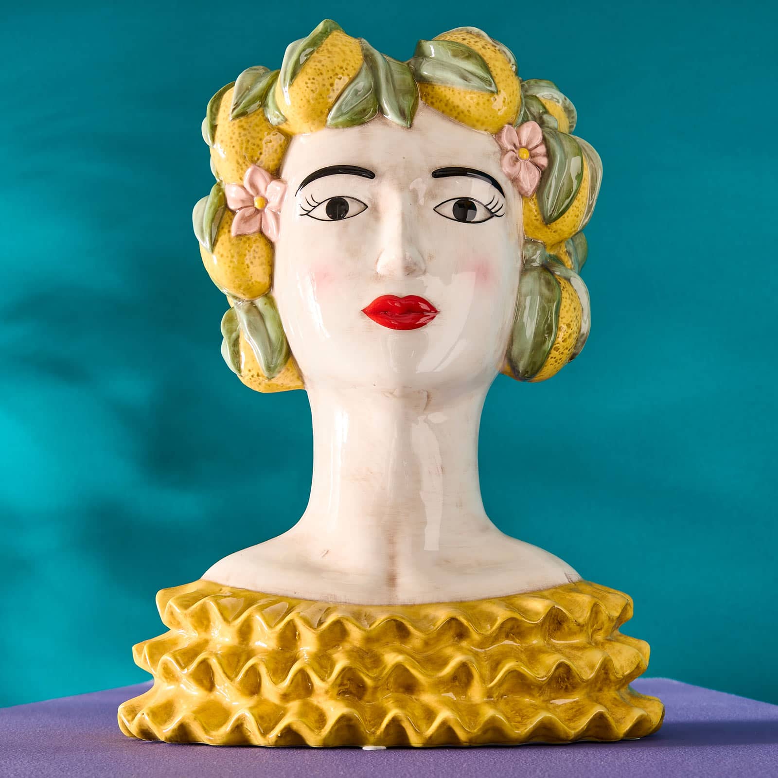 Busto de mujer siciliana/jarrón decorativo Lady Lemon, amarillo-verde, pintado a mano