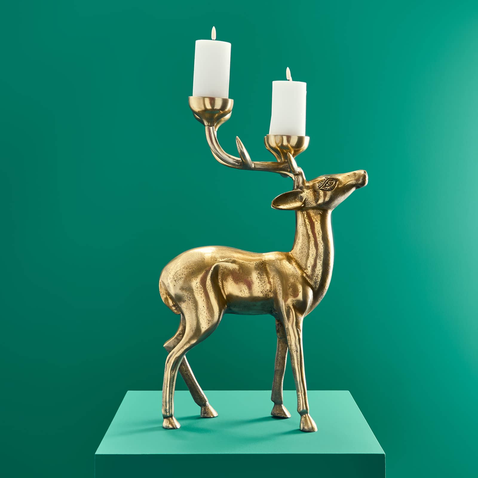 Candlestick deer, gold, aluminum, 62x31x42 cm