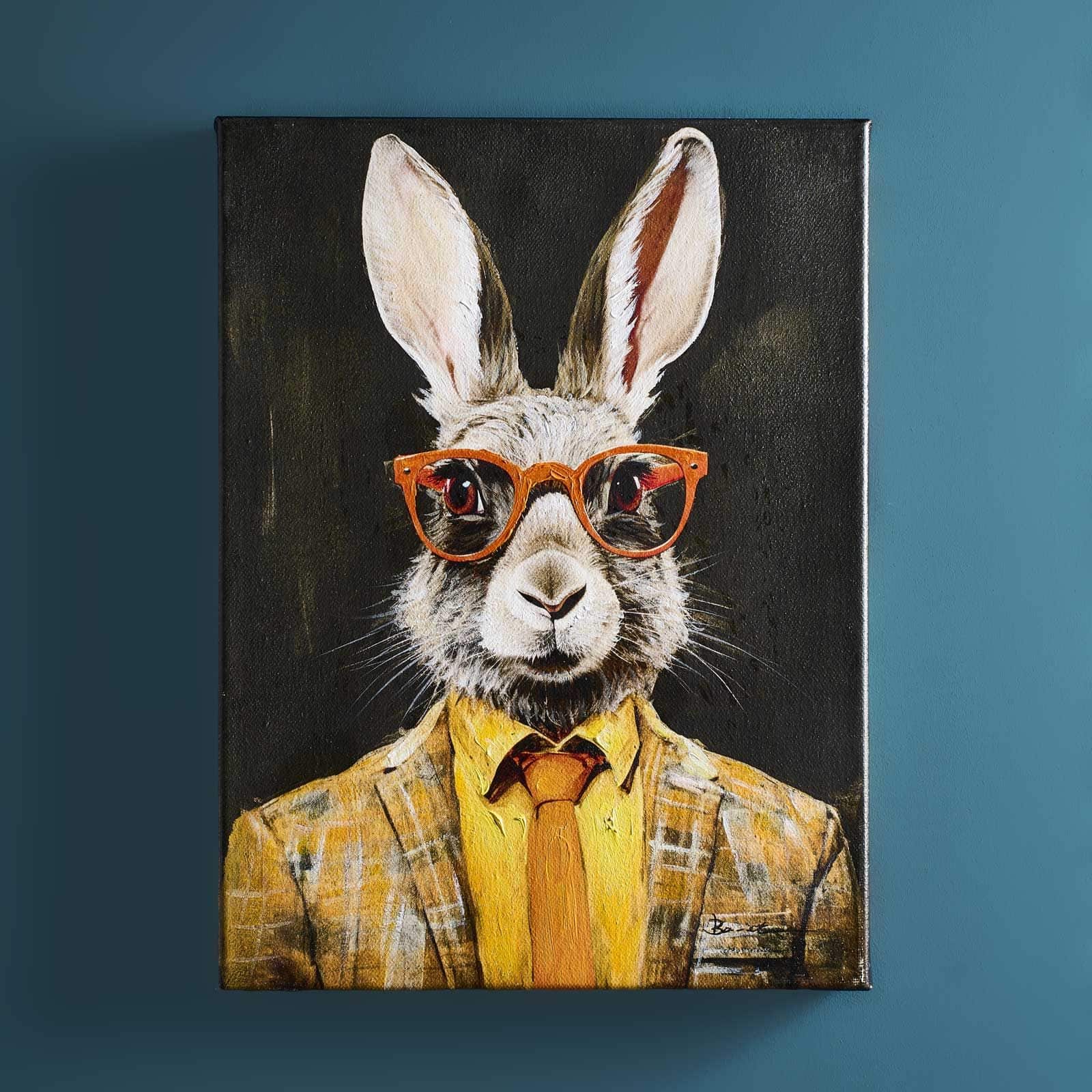 Gemälde Business Rabbit m. Hasenmotiv, handgemalt, gelb-orange