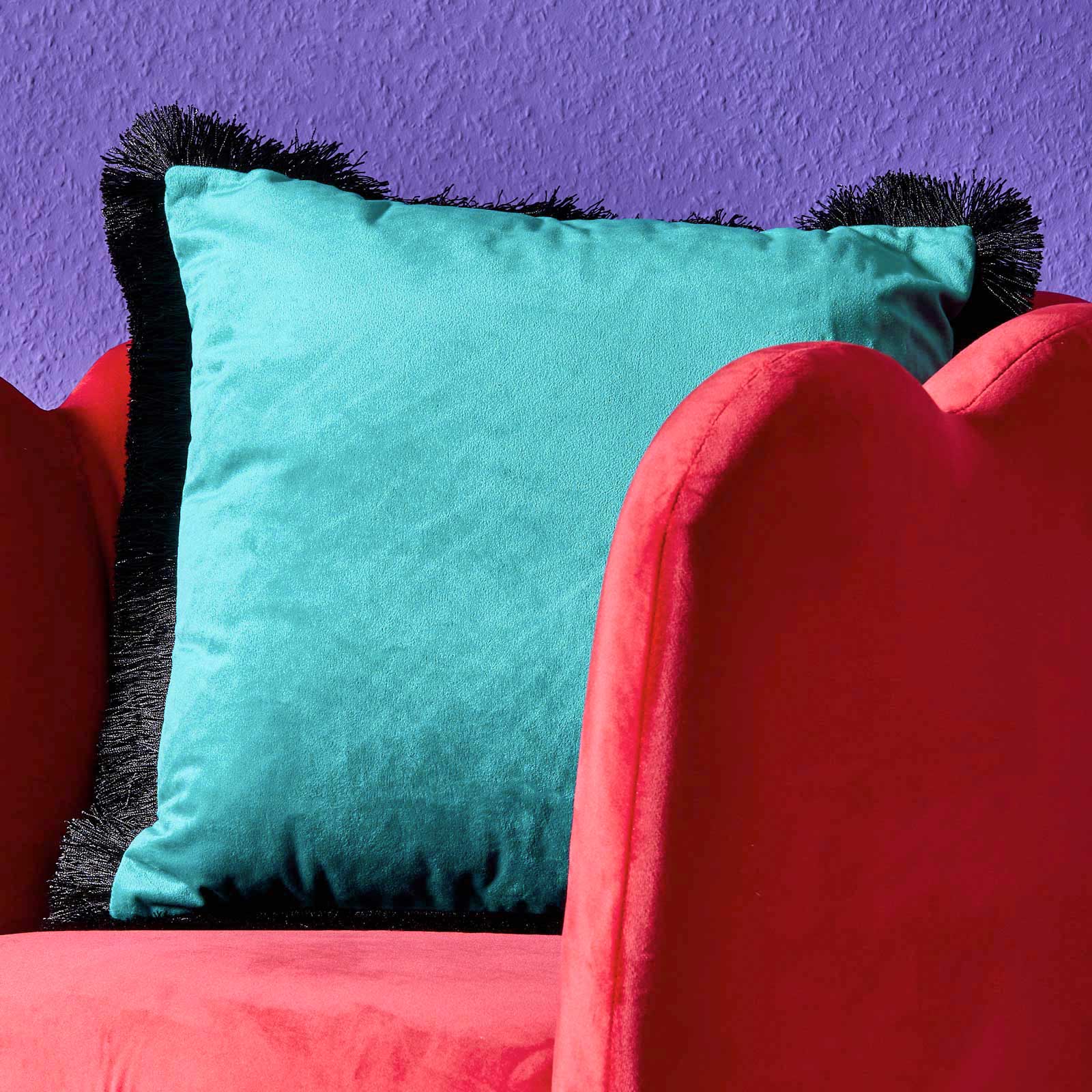 Velvet Cushion, turquoise-black, polyester, 45x45 cm, with black fringes, including filling, washable