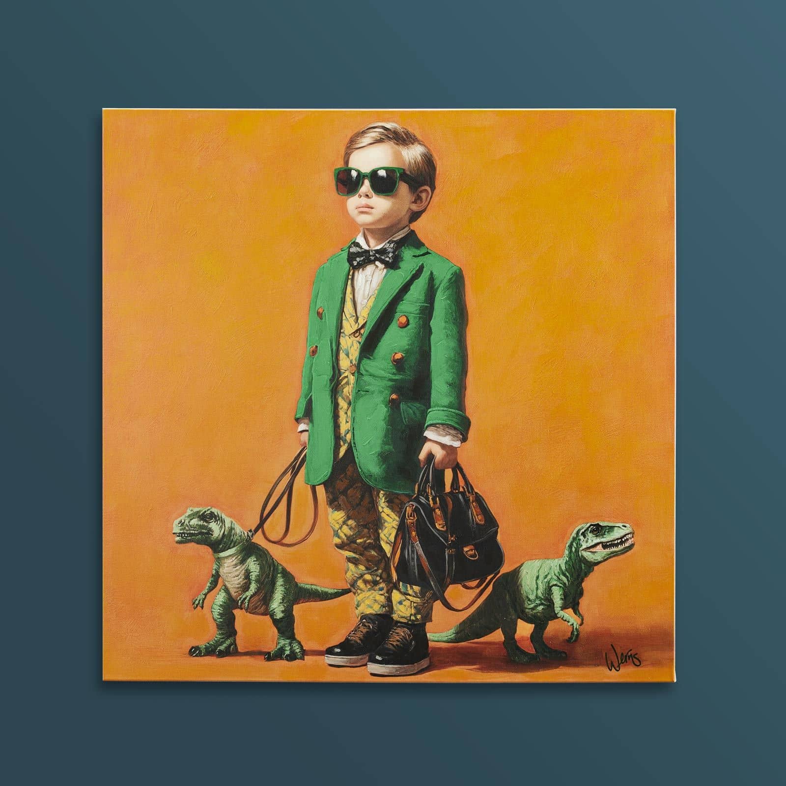 Gemälde Matteo mit Dinosauriern Rexys, handgemalt