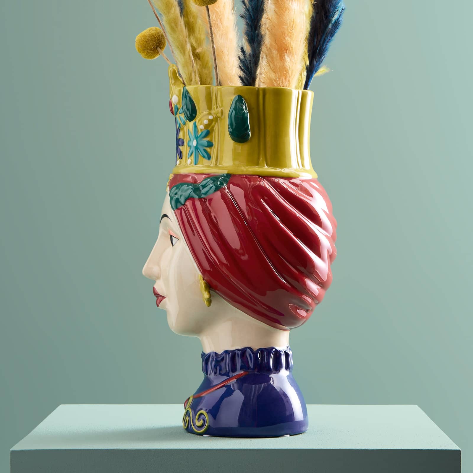 Buste de femme sicilienne / vase décoratif Letizia, rouge-jaune, peint à la main