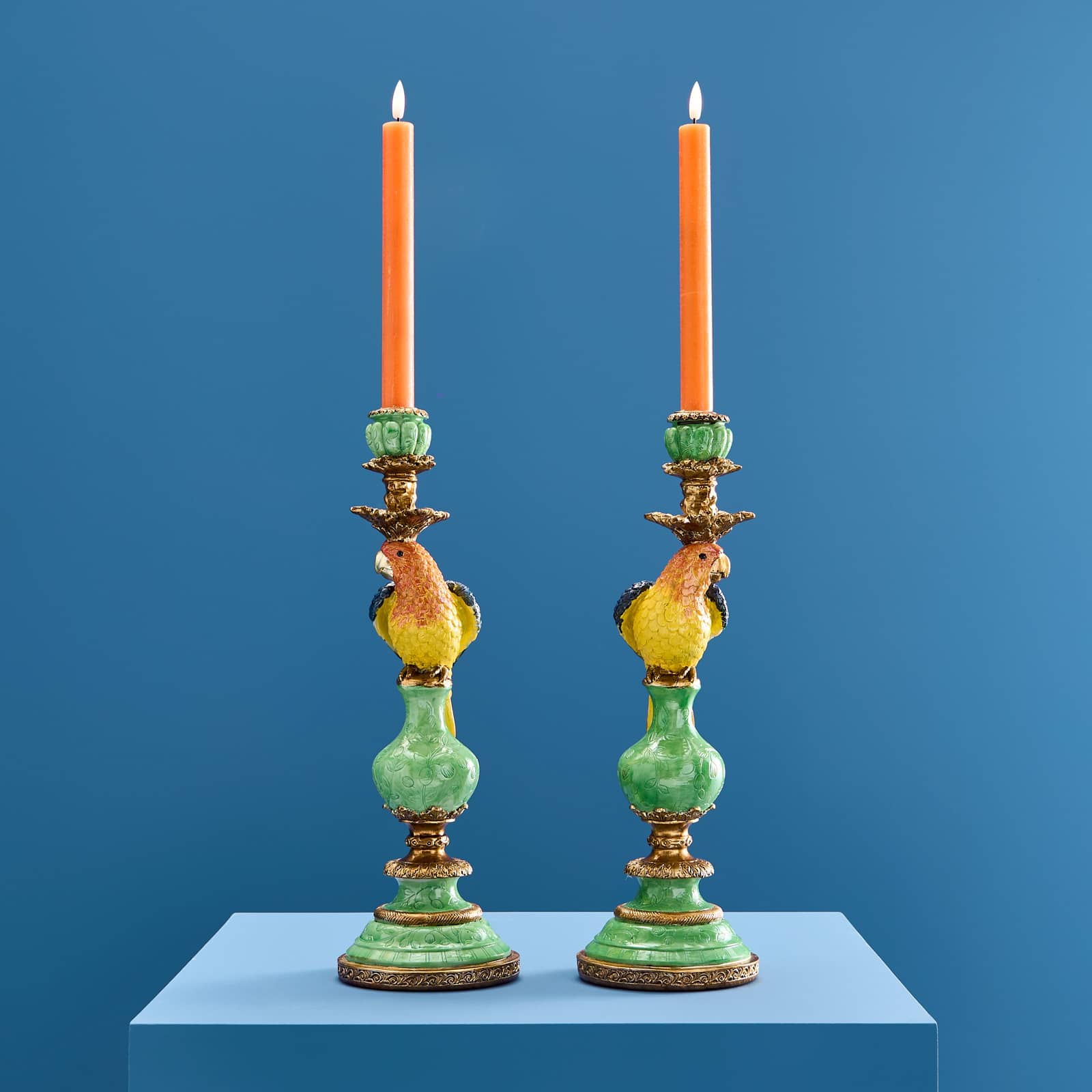 Set of 2 parrot candle holders, green-blue-yellow