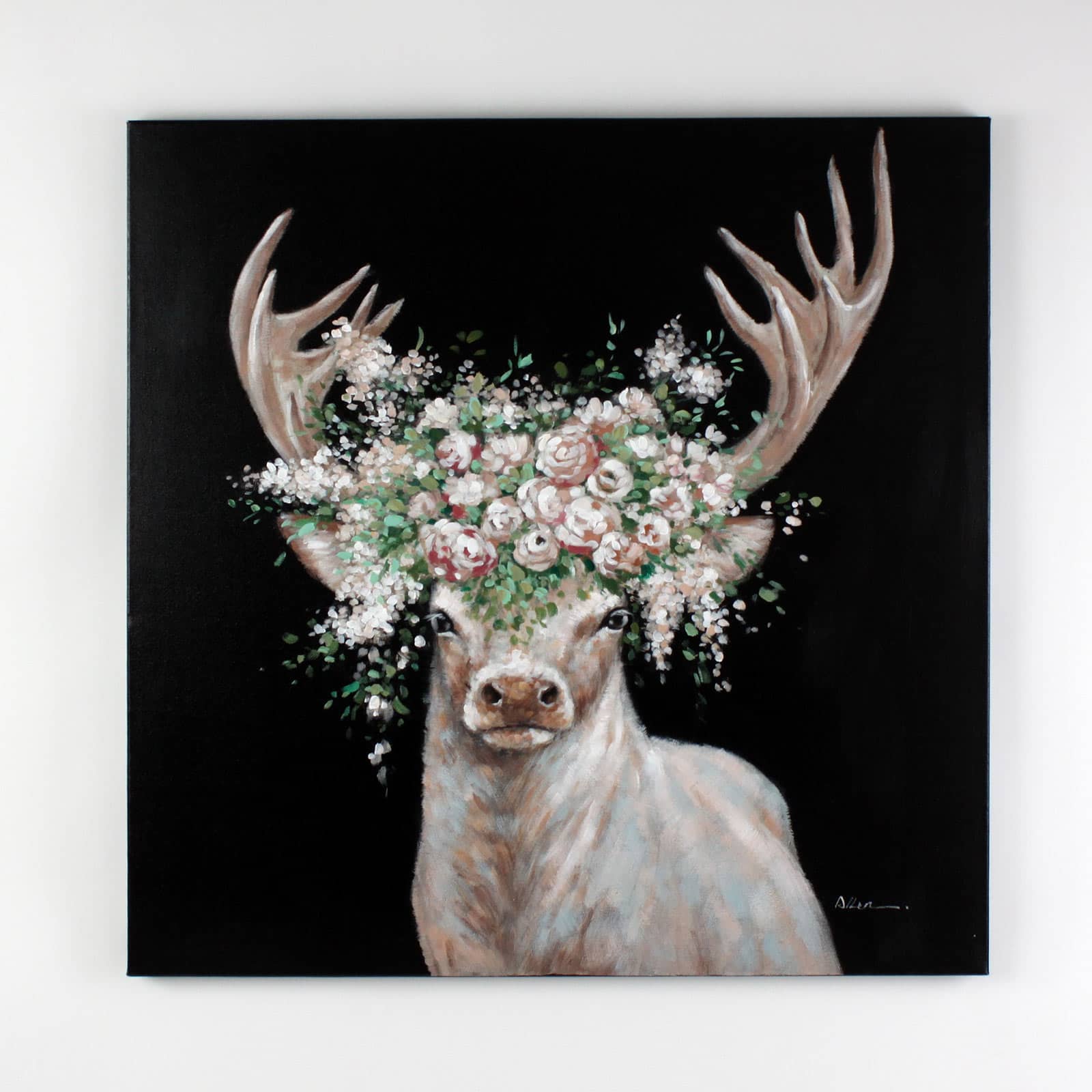 Painting deer with flower crown, pink-black, hand-painted