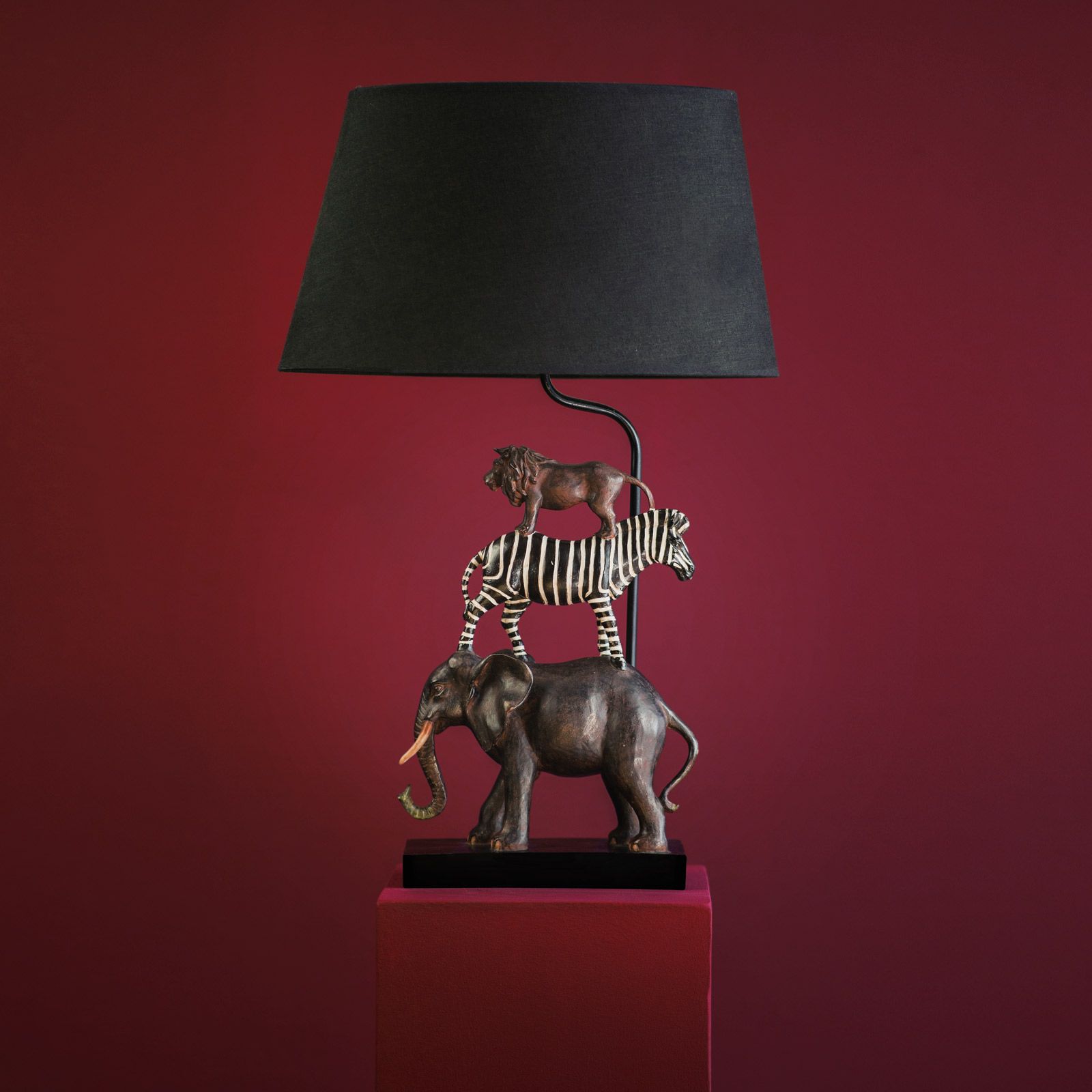 Lampa stołowa Safari, słoń / zebra / lew, czarna