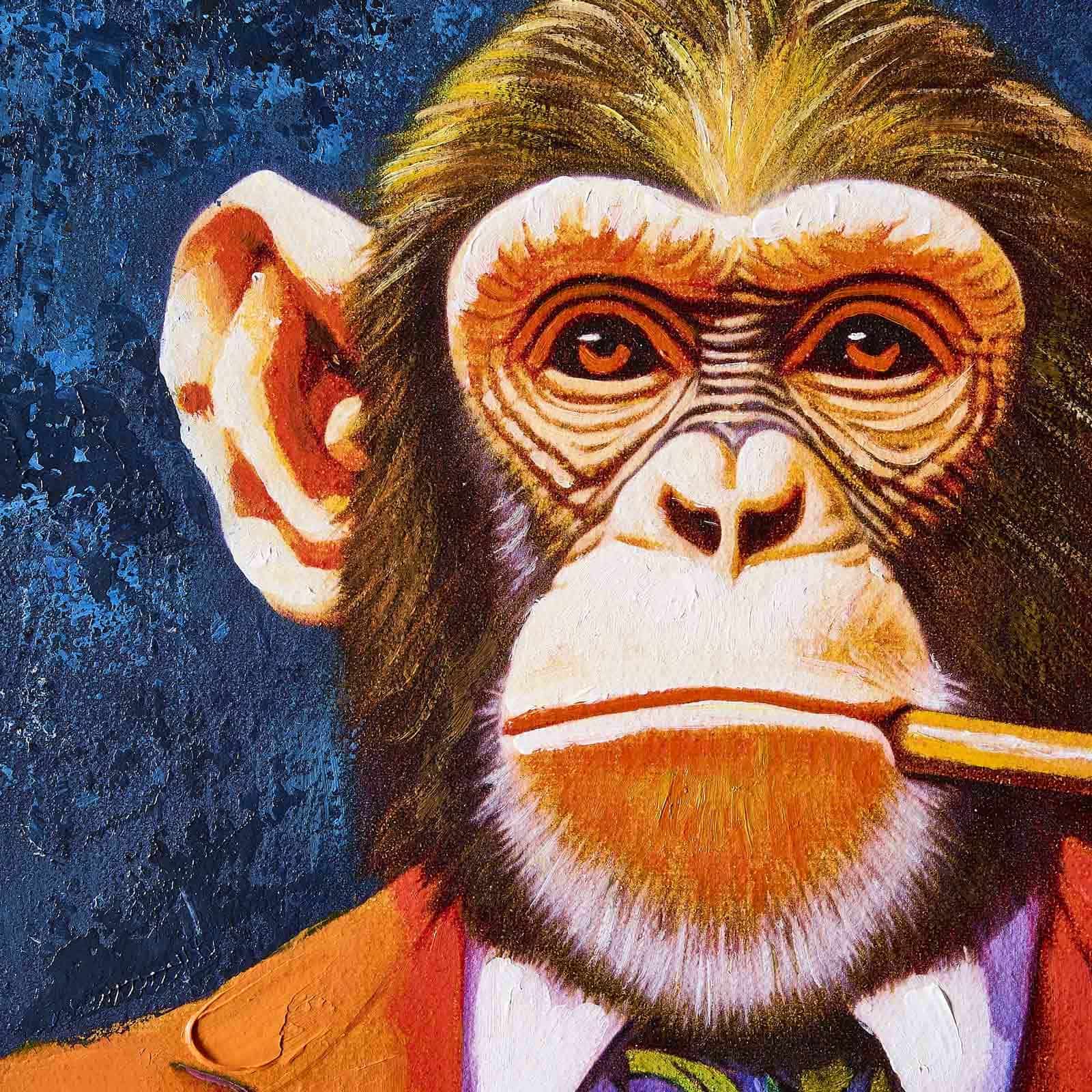 Tableau Business Monkey avec motif de singe, peint à la main, orange-bleu foncé