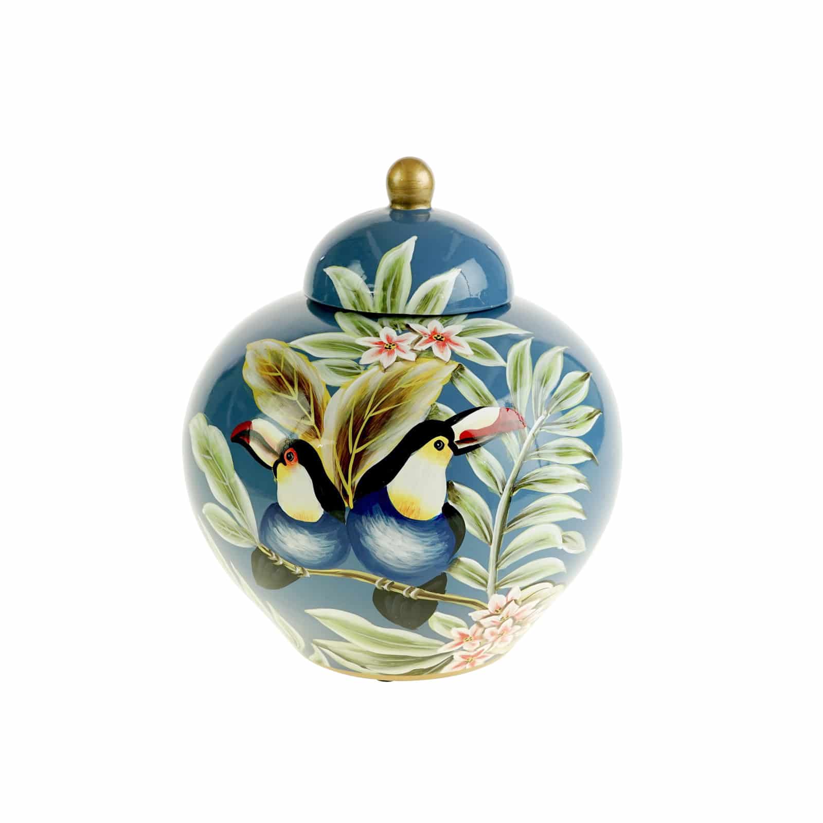 Lidded vase Jungle / Toucan / Tropics, blue, hand-painted, glazed, porcelain, 20x26 cm