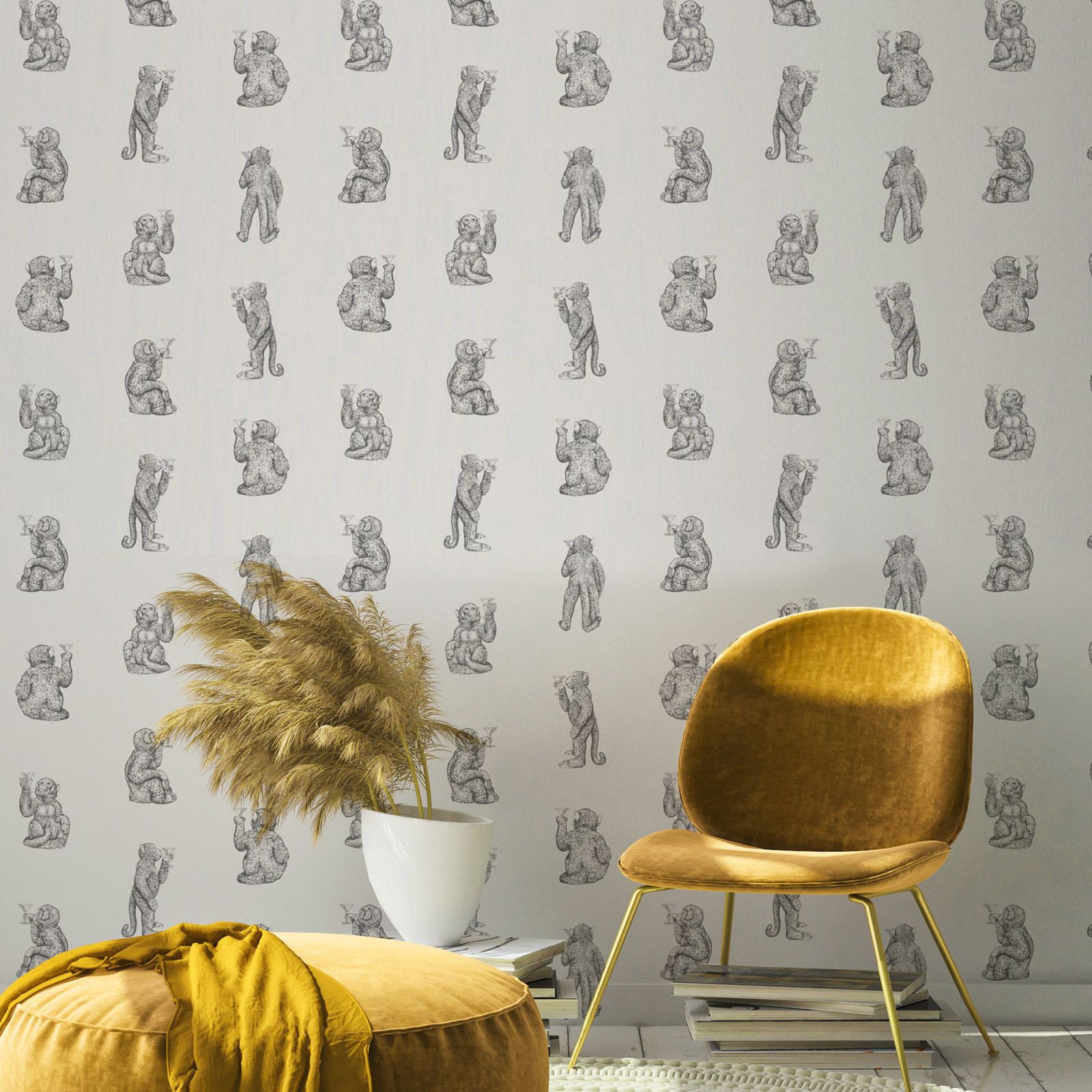 wallpaper monkey Cocktail Monkeys, white, non-woven wallpaper, 0.53x10.05 m (150 g/sqm)