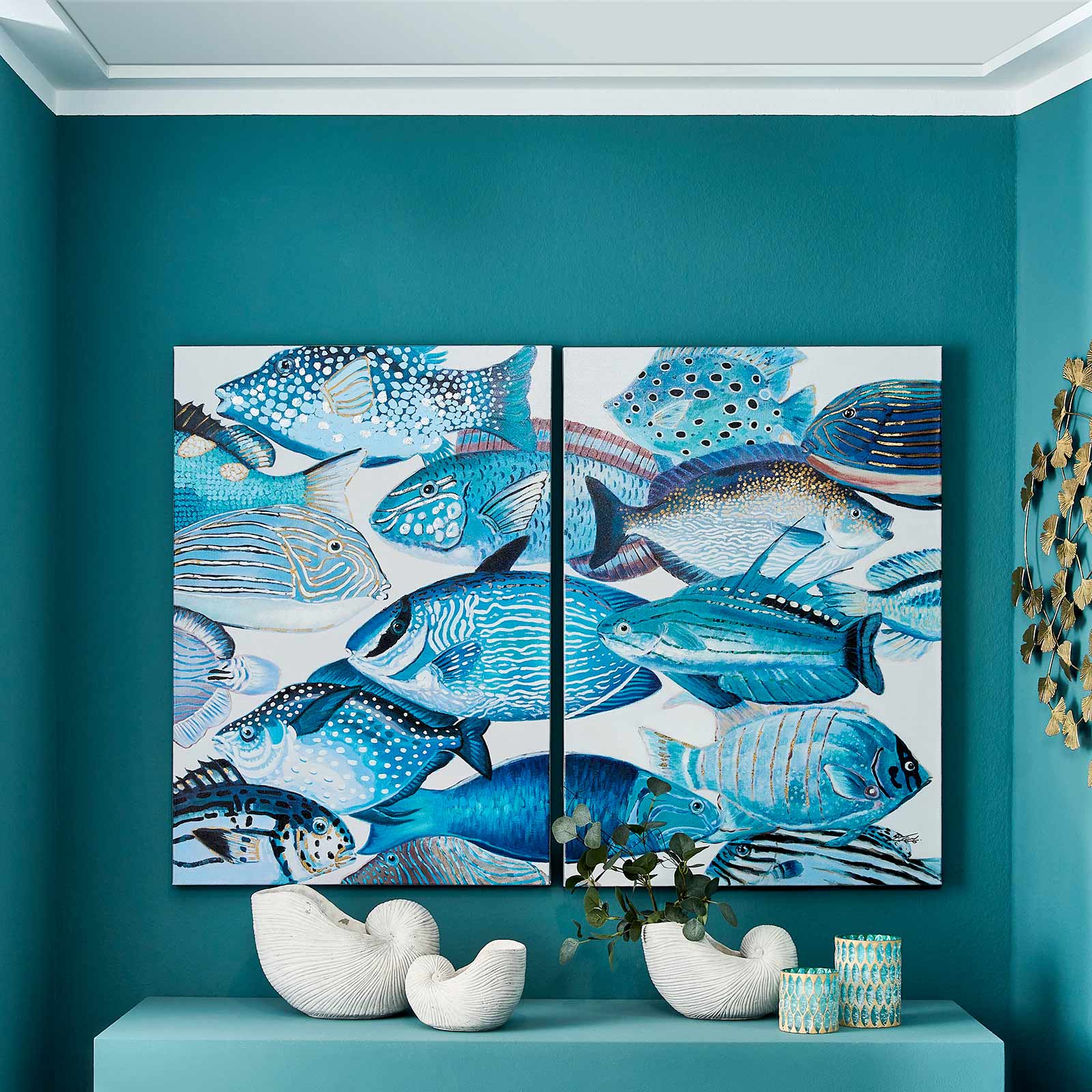 2er Set Gemälde Blue Fishes, handgemalt