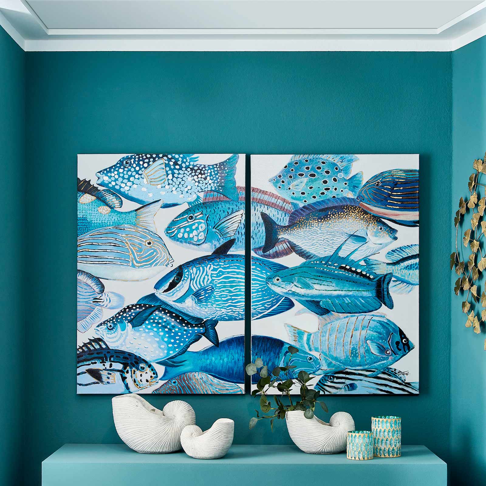 Set med 2 målningar Blue Fishes, handmålade, akryl a. Canvas, 70x100 cm