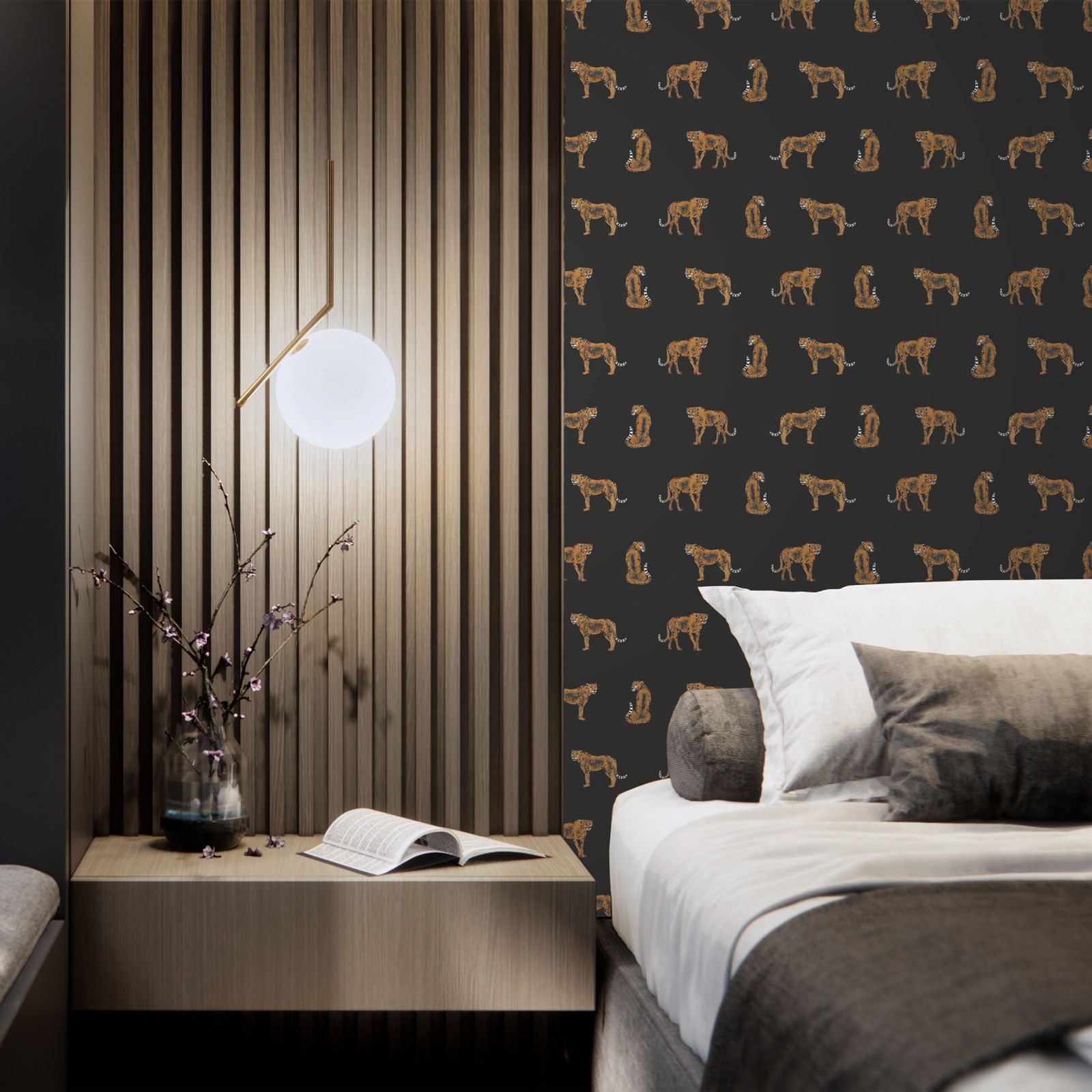 wallpaper leopard Leopold, black, non-woven wallpaper, made & designed in Germany 150 g/sqm, 0.53x10.05 m