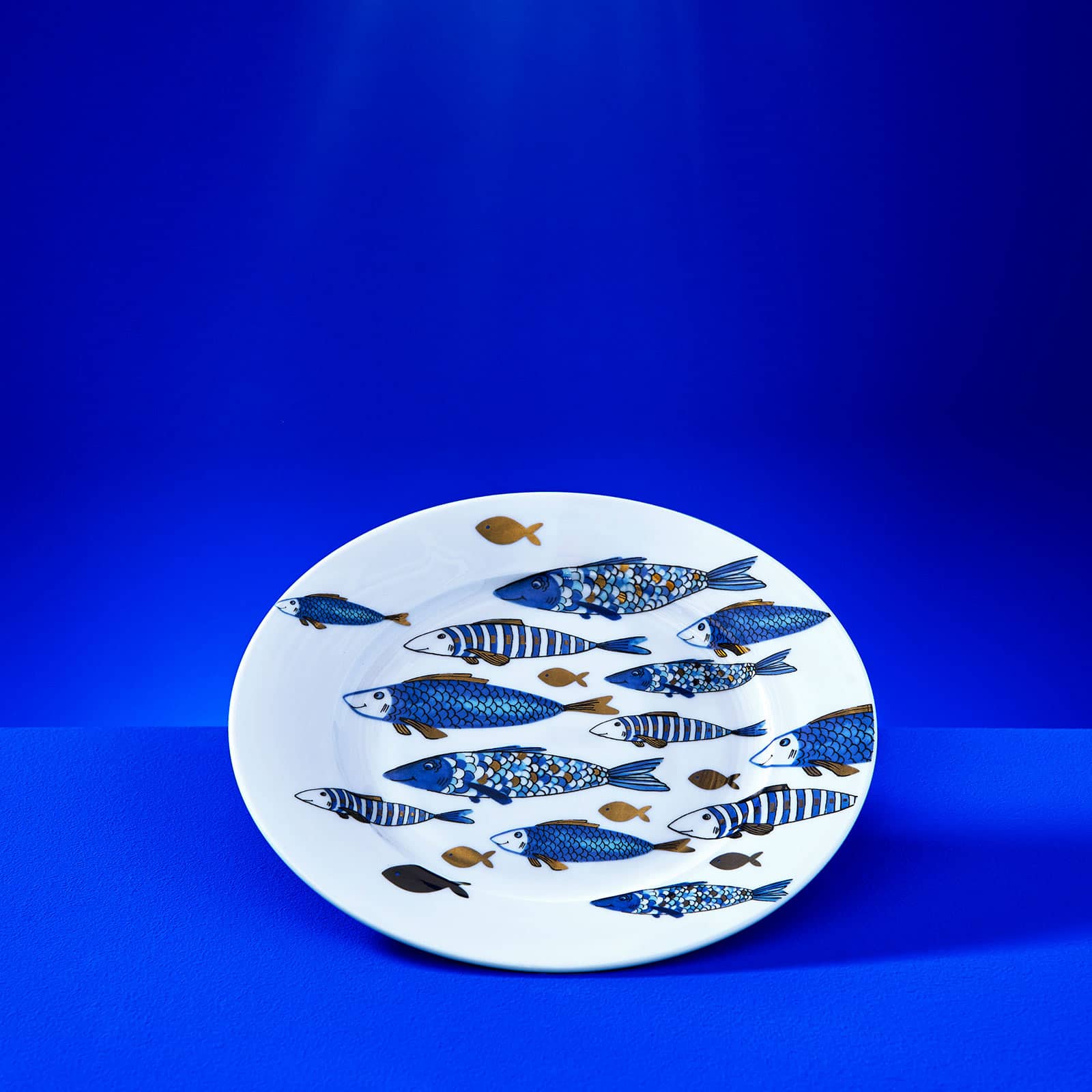 Set med 6 desserttallrikar Blue Fish, guldpläterade, New Bone, D. 20,5 cm