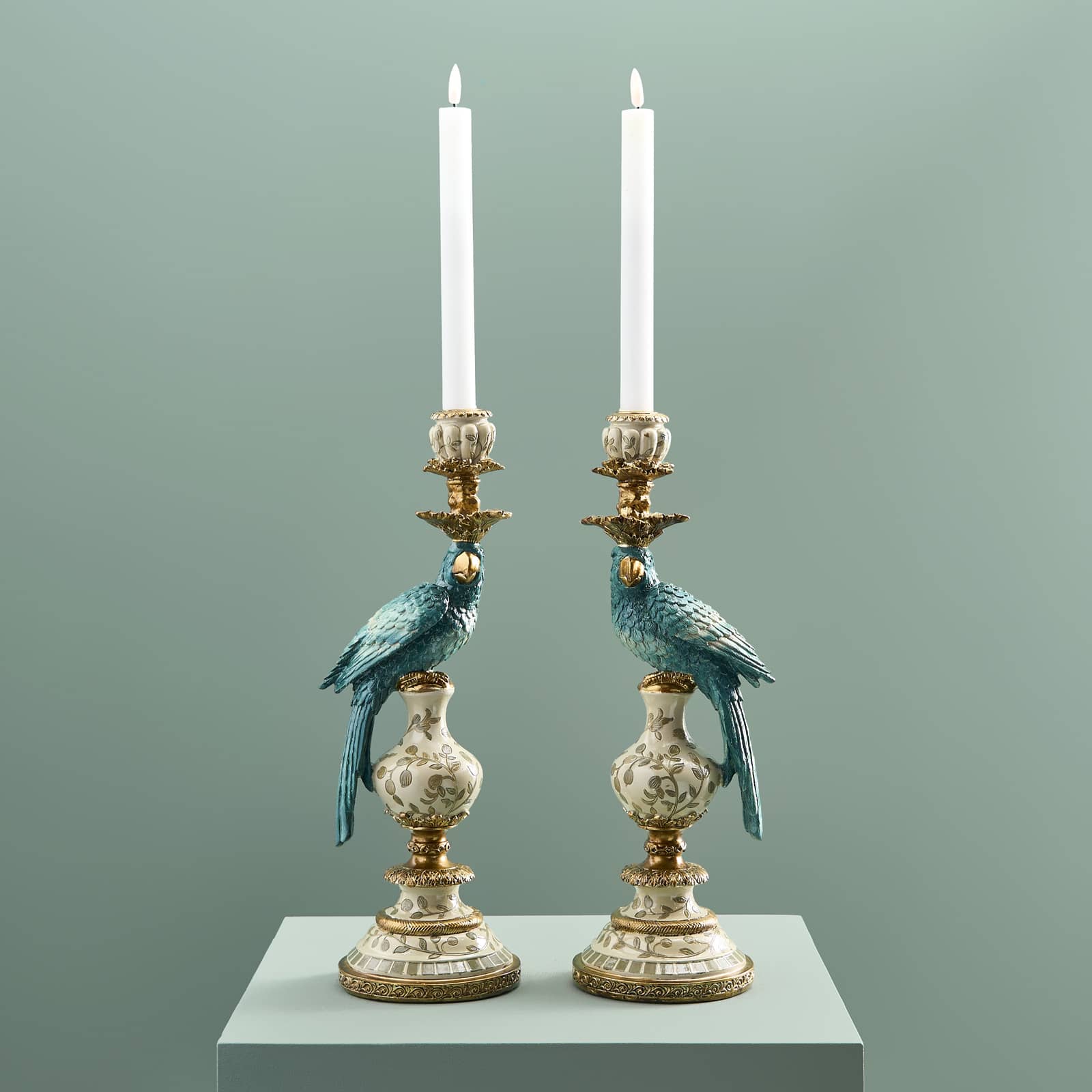 Set of 2 parrot candle holders, turquoise-white