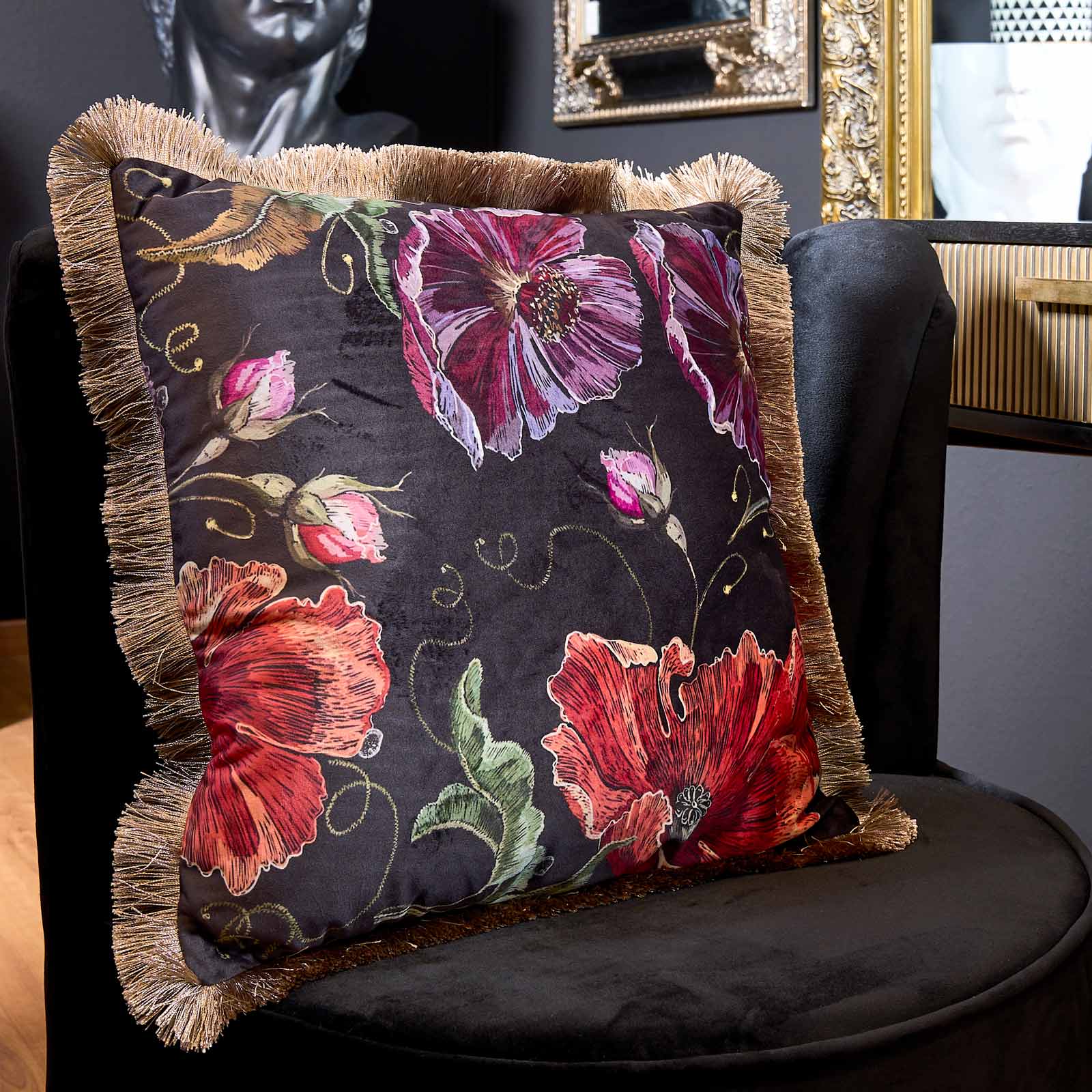 Velvet cushion with floral motif, black-red-purple, 45x45 cm, with fringes, polyester, including filling