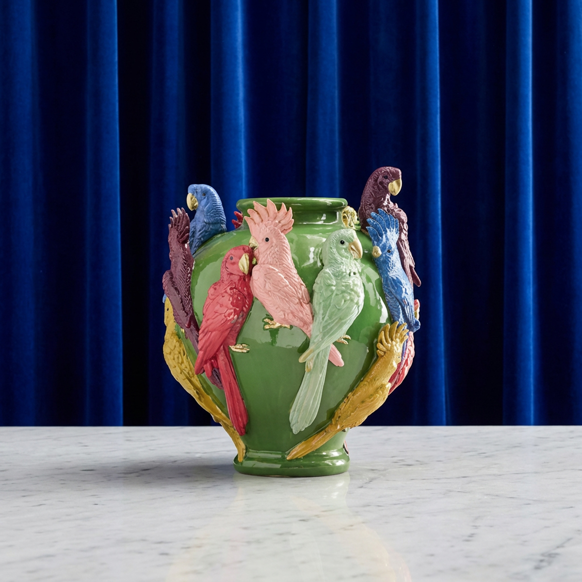 Vase with parrots, green, multicoloured