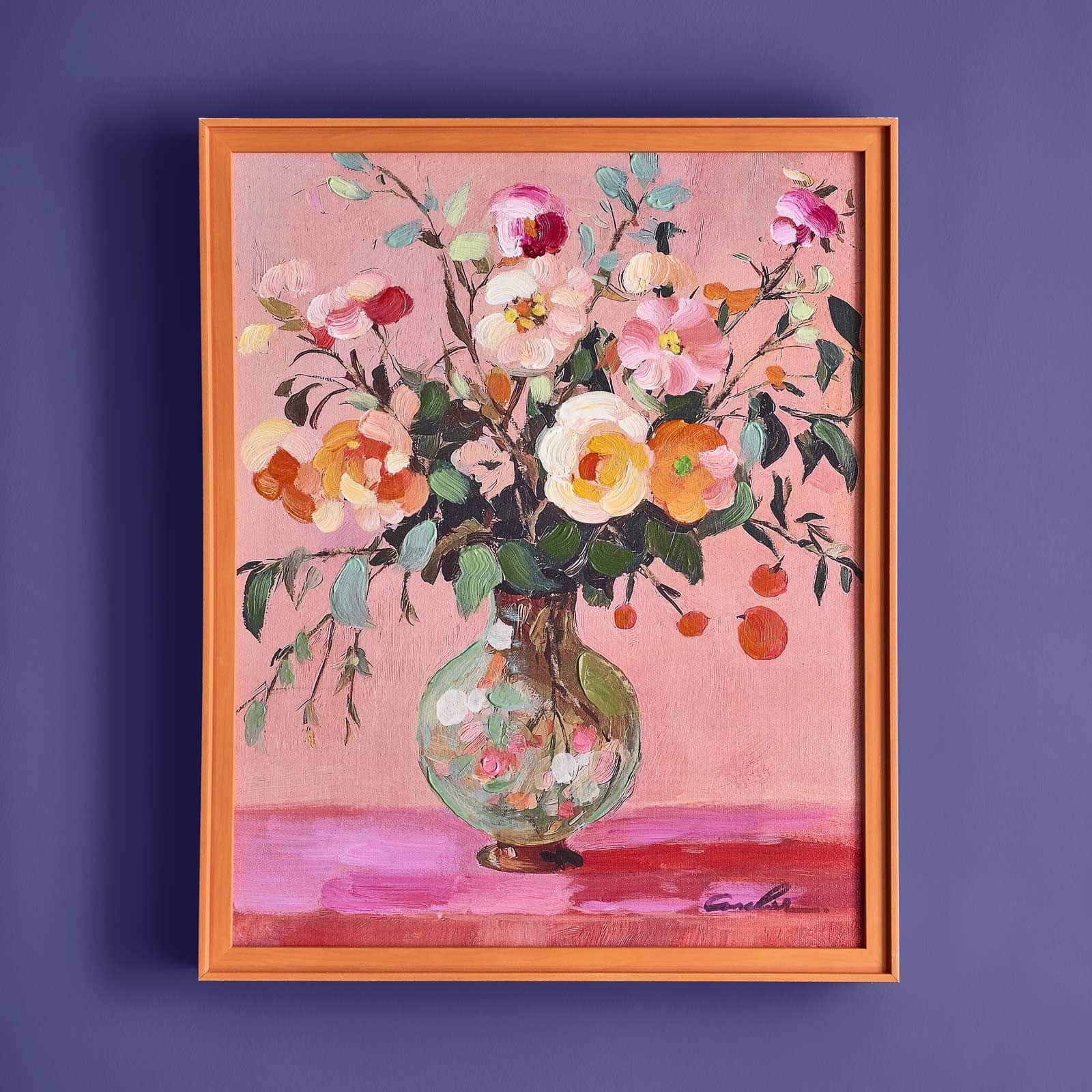 Gemälde Flower Vase m. Blumenvase, handgemalt, orange-pink-mehrfarbig