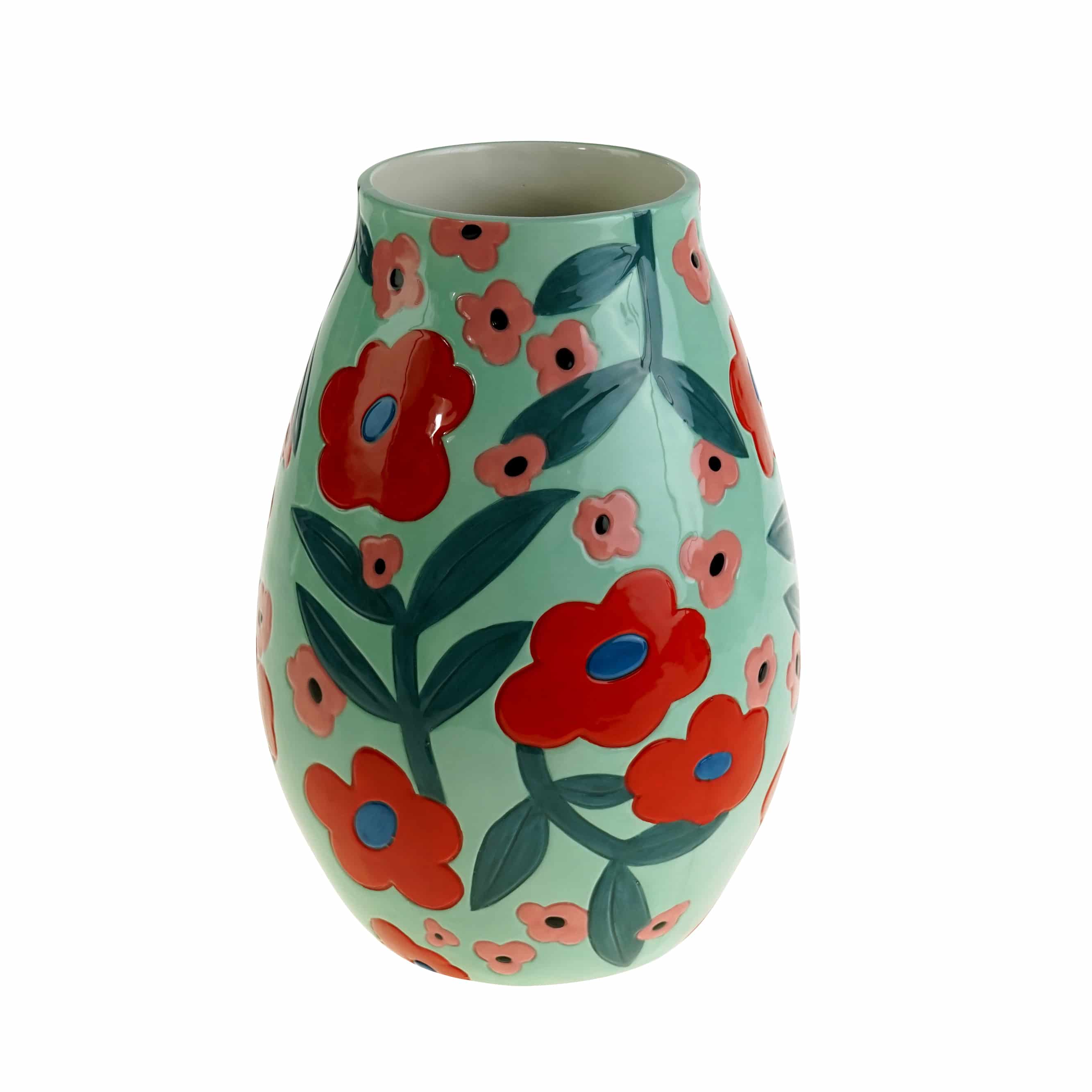 Vase Flores m. Blumenmotiv, mint-rot-grün, handbemalt