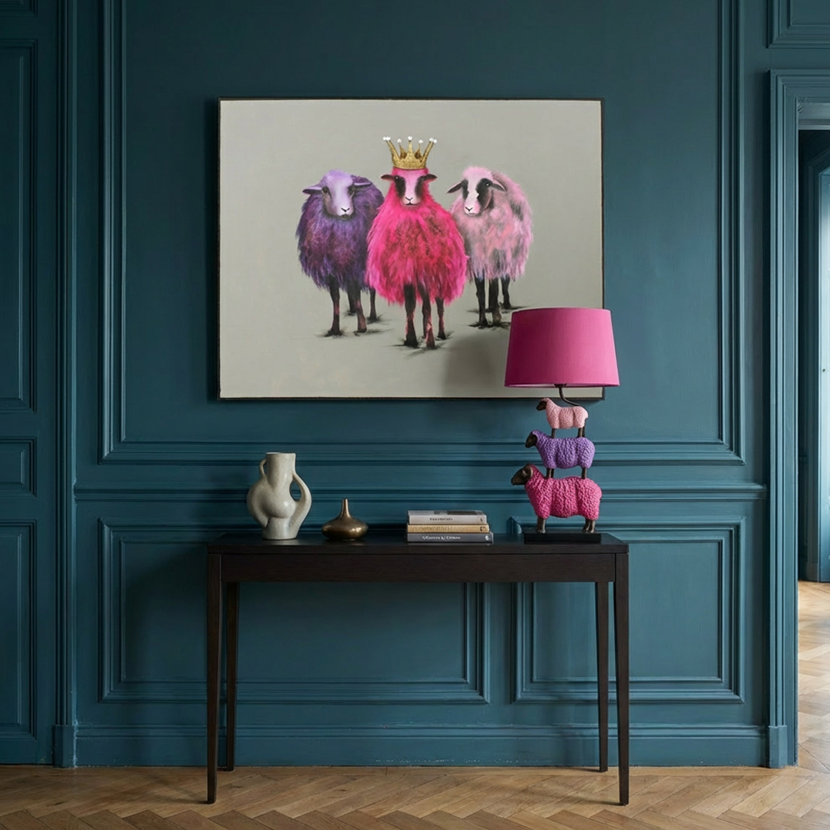 Lampka stołowa z owcami Colorful Sheep, magenta‑lila‑różowy