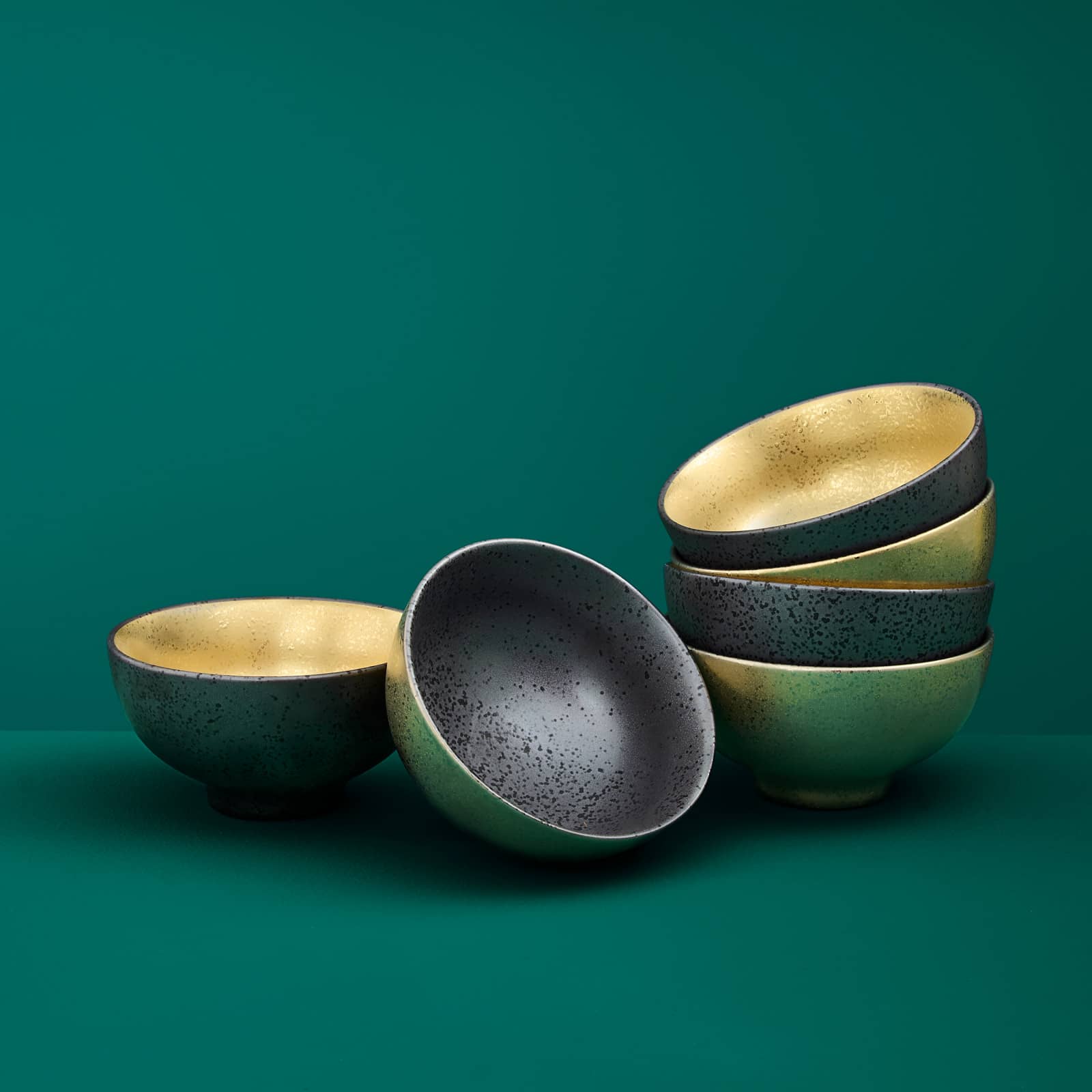 Set om 6 Ceylon flingor skålar, svart/guld, porslin, diameter 11,5 cm, diskmaskin och mikrovågsugn