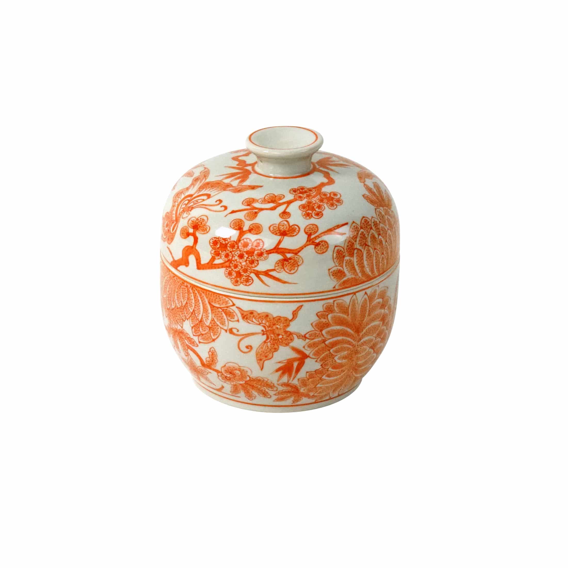 Deckelvase Jardin m. Blumenmotiv, weiß-orange, handbemalt