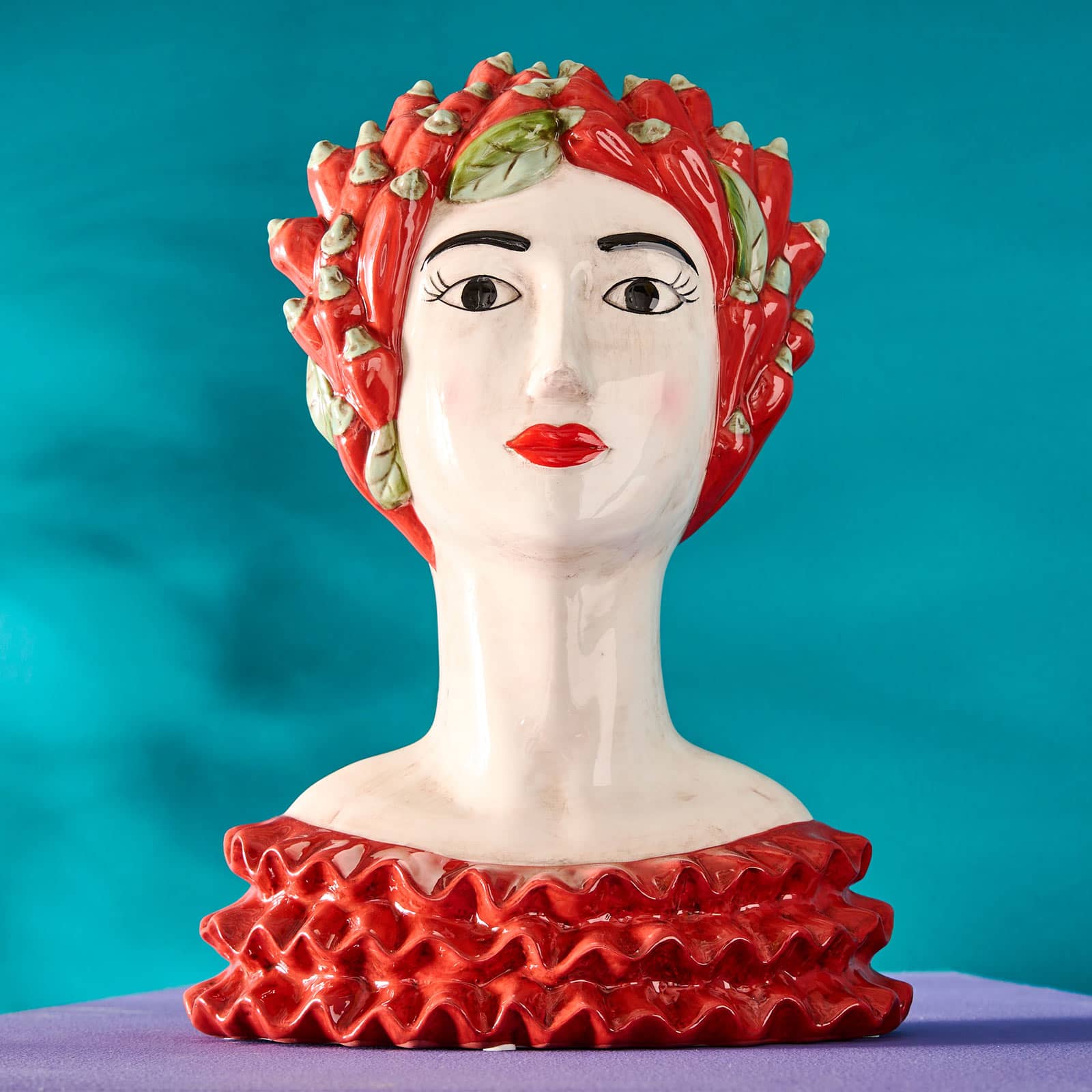 Busto siciliano di donna / vaso decorativo Chili Lady, rosso-verde, dipinto a mano