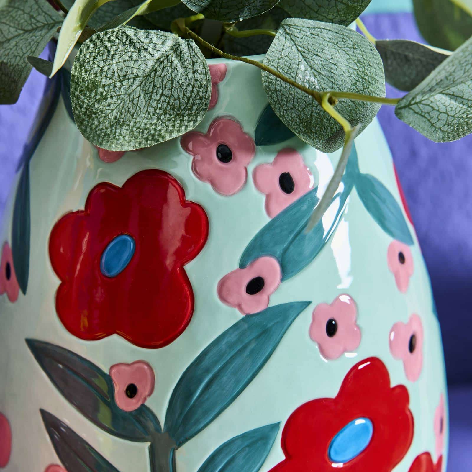 Vase Flores à motif floral, menthe-rouge-vert, peint à la main