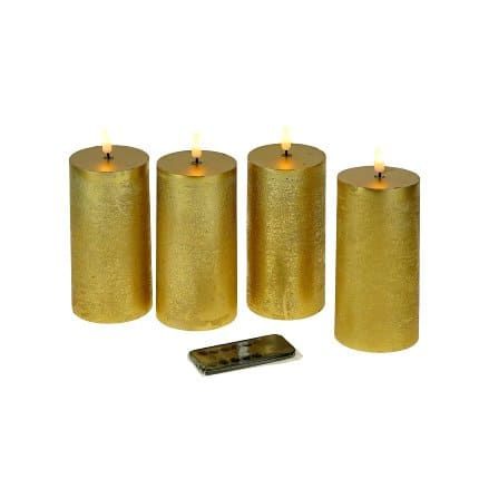 Set van 4 LED kaars 3D vlam, goud, kunststof/was, 7,5x15 cm met afstandsbediening, 4 timerfuncties, dimfunctie, 2 lichtstanden, benodigde batterijen: 3xAAA (niet inbegrepen)