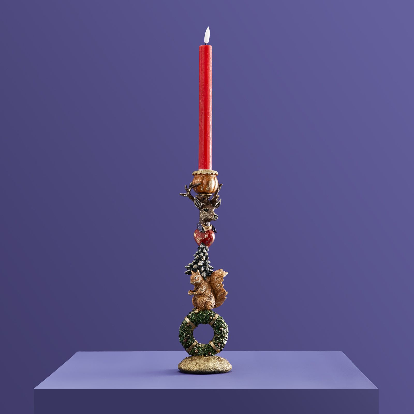 Candlestick squirrel on wreath, multicoloured